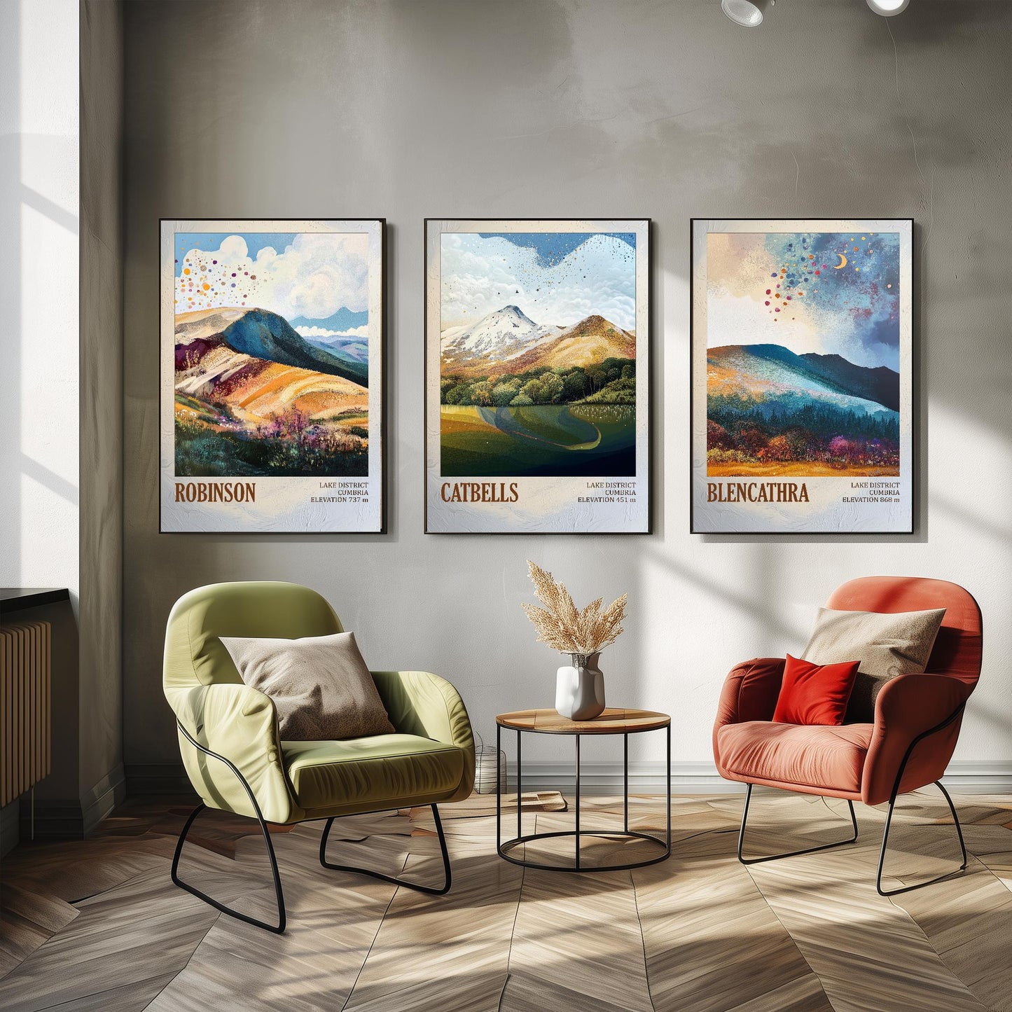 The Lake District Mountains - Set of Three Art Print Posters - Robinson, Catbells, Blencathra - 3 Painting Photo Layers of Foil V2