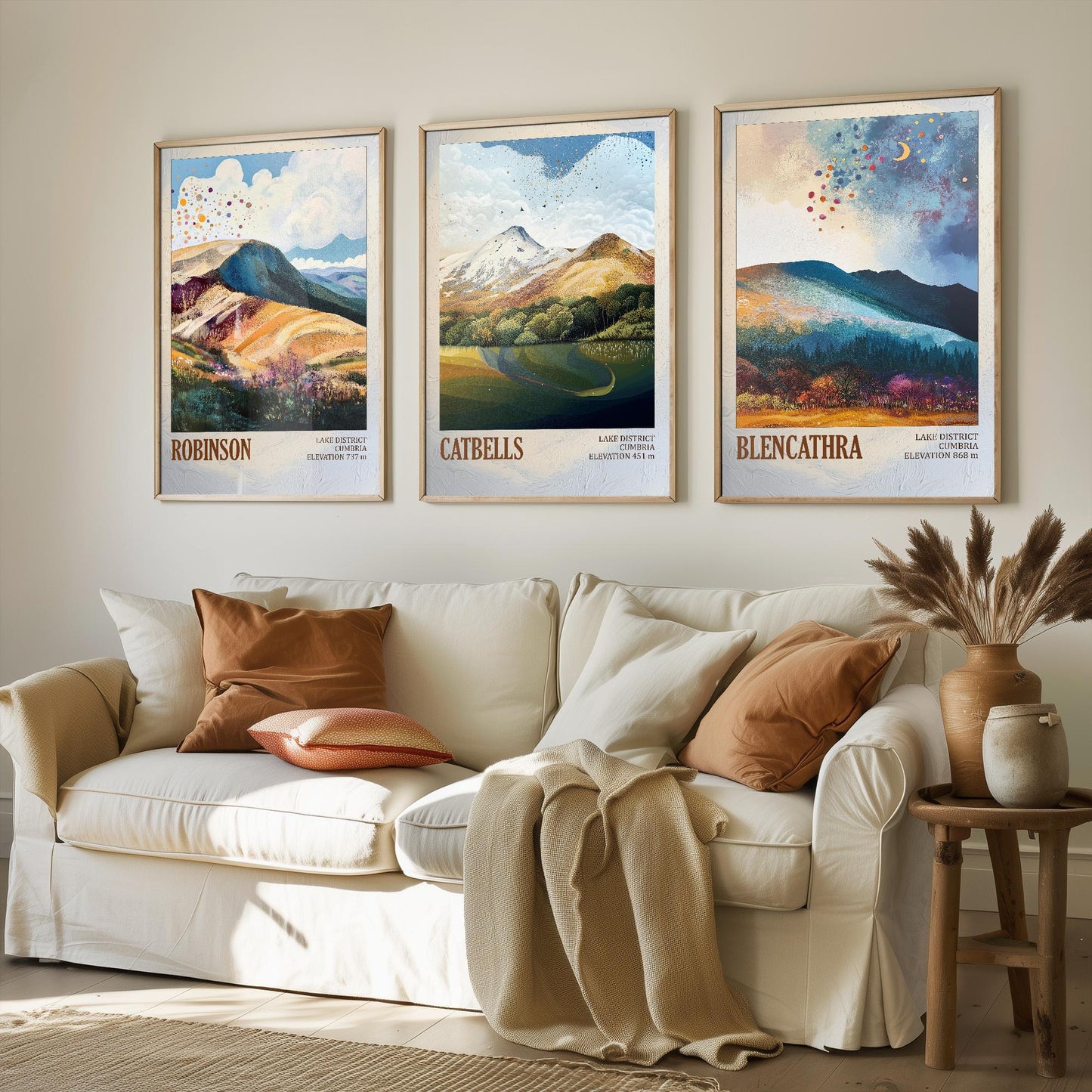 The Lake District Mountains - Set of Three Art Print Posters - Robinson, Catbells, Blencathra - 3 Painting Photo Layers of Foil V2