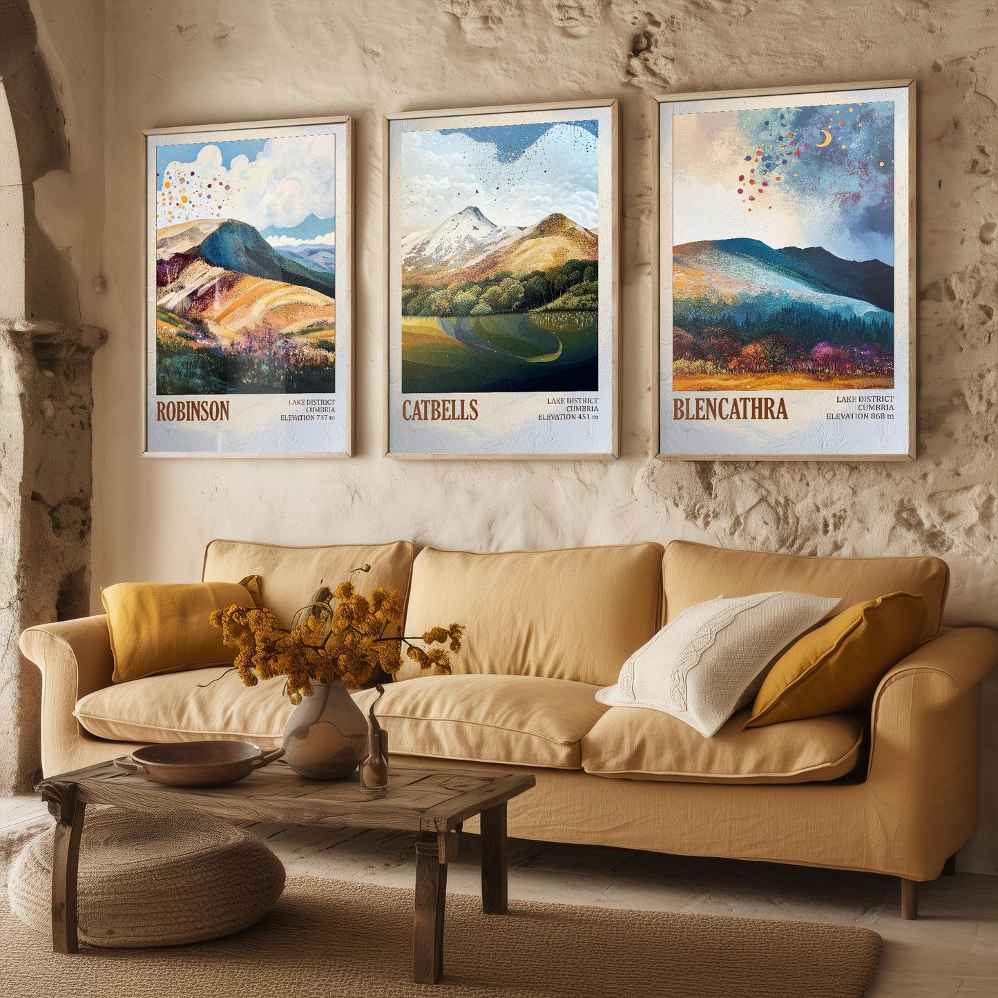 The Lake District Mountains - Set of Three Art Print Posters - Robinson, Catbells, Blencathra - 3 Painting Photo Layers of Foil V2