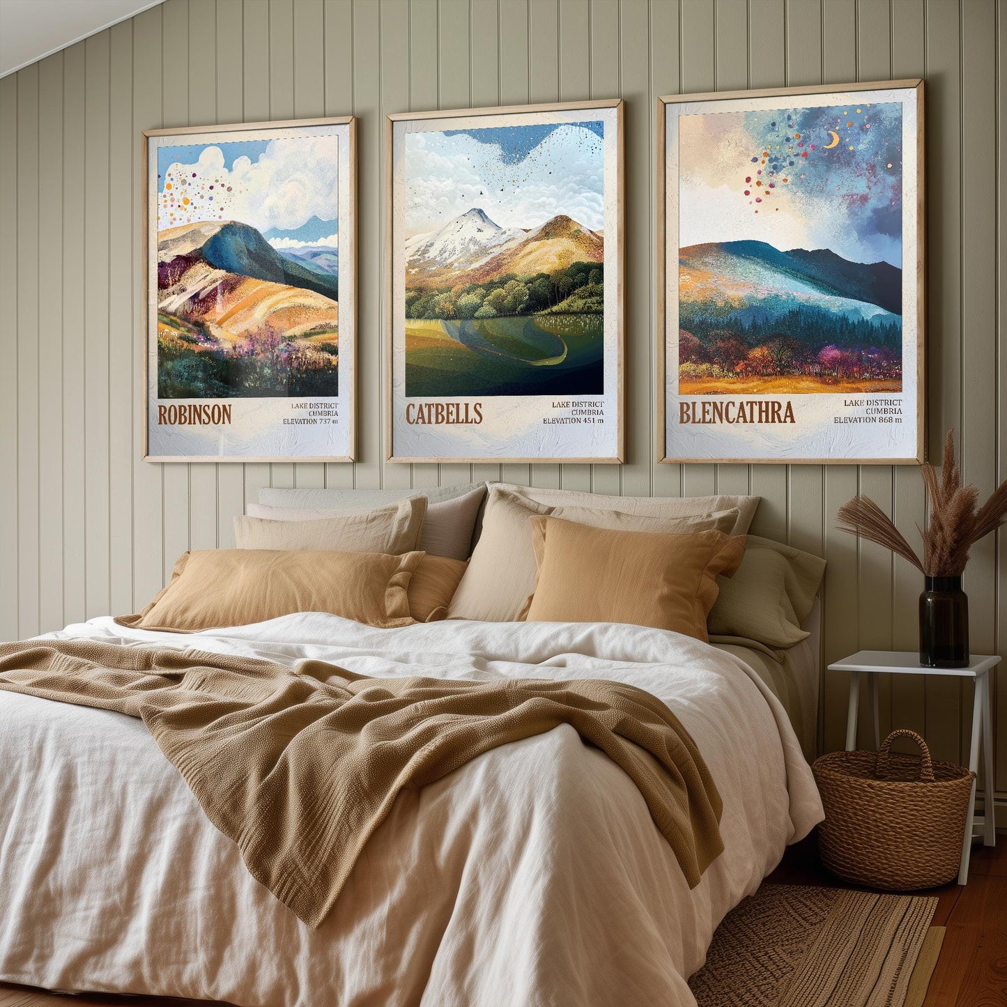 The Lake District Mountains - Set of Three Art Print Posters - Robinson, Catbells, Blencathra - 3 Painting Photo Layers of Foil V2