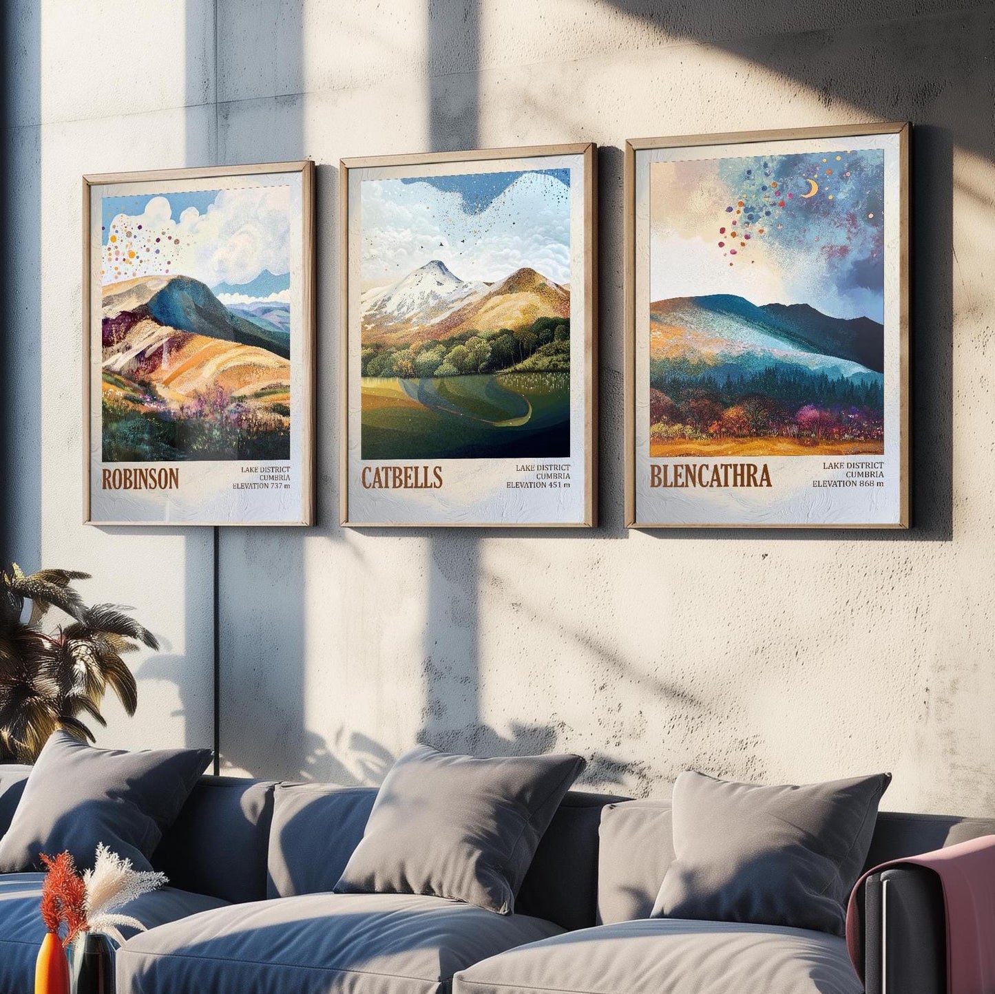 The Lake District Mountains - Set of Three Art Print Posters - Robinson, Catbells, Blencathra - 3 Painting Photo Layers of Foil V2