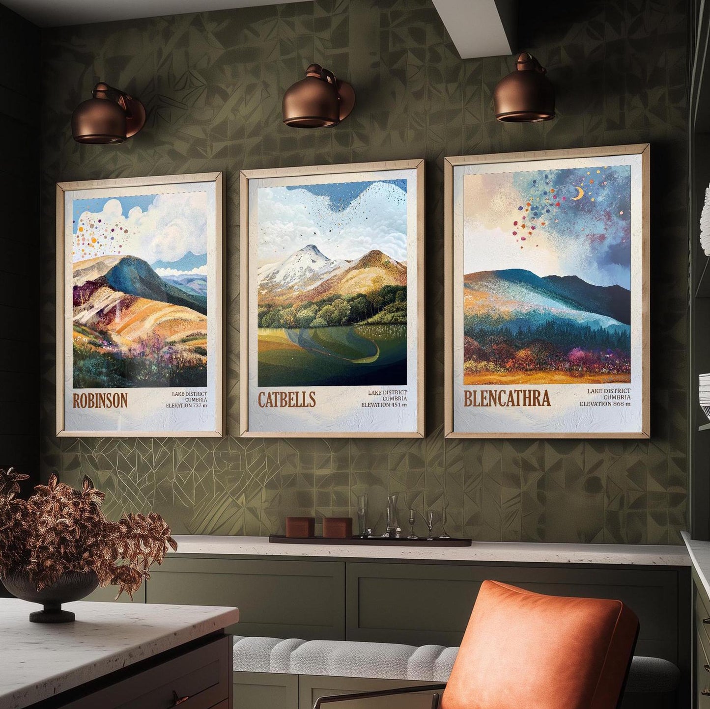 The Lake District Mountains - Set of Three Art Print Posters - Robinson, Catbells, Blencathra - 3 Painting Photo Layers of Foil V2