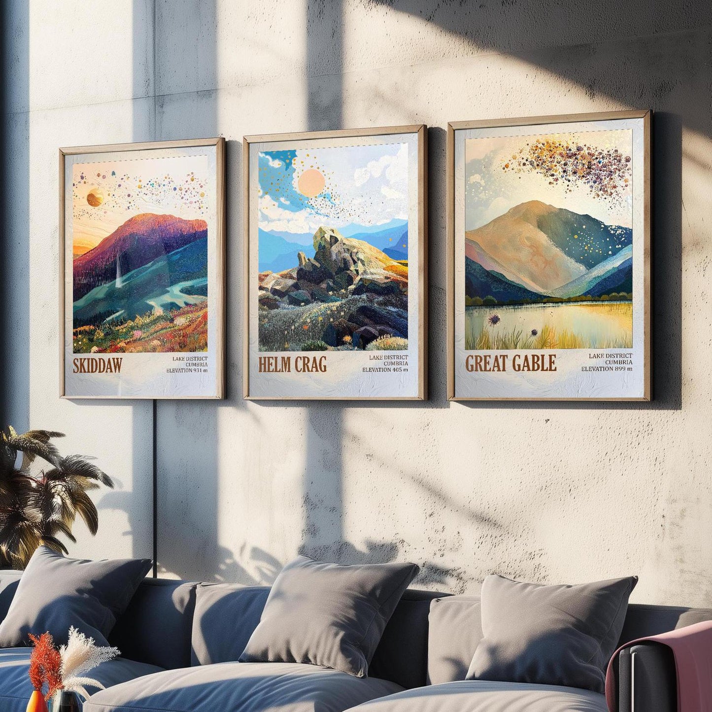 The Lake District Mountains - Set of Three Art Print Posters - Skiddaw, Helm Crag, Great Gable - 3 Painting Photo Layers of Foil V2