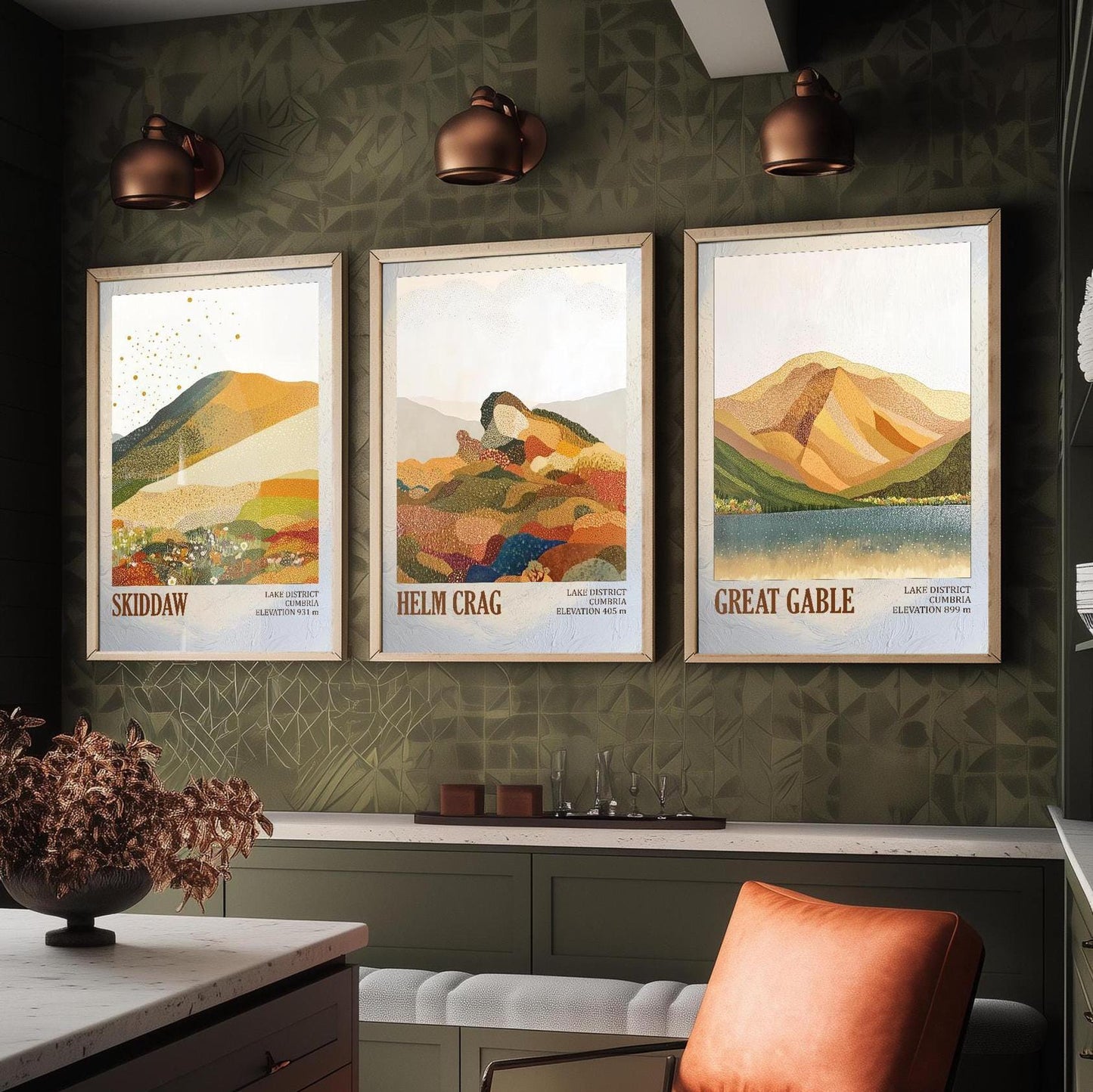 The Lake District Mountains - Set of Three Art Print Posters - Skiddaw, Helm Crag, Great Gable - 3 Painting Photo Layers of Foil V1