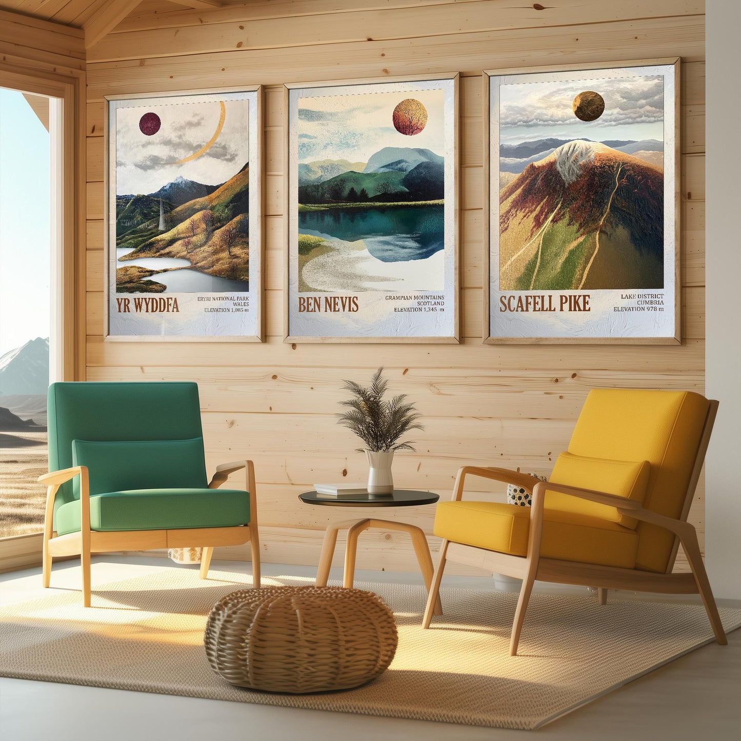Peaks of Great Britain Set of Three Art Prints - Yr Wyddfa, Ben Nevis and Scafell Pike Posters - 3 Mountain Paintings - Layers of Foil Gift