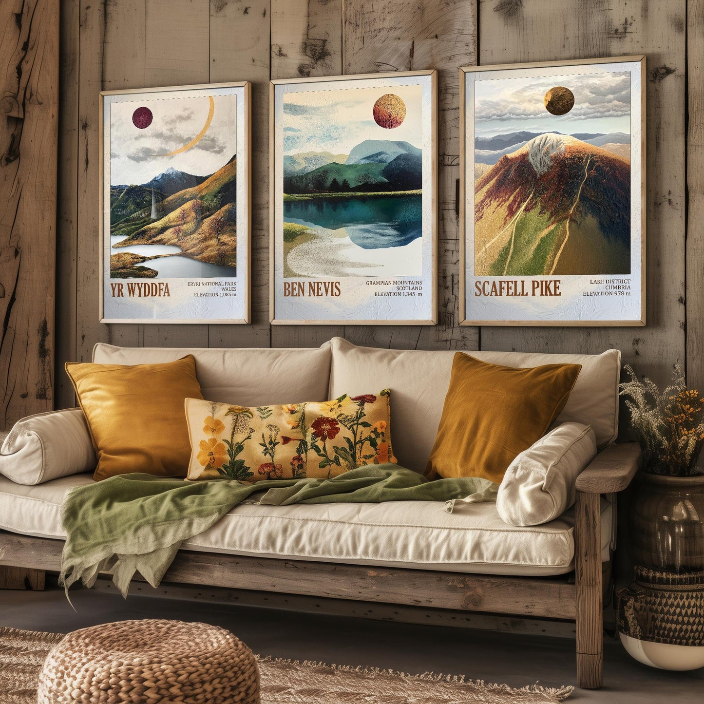 Peaks of Great Britain Set of Three Art Prints - Yr Wyddfa, Ben Nevis and Scafell Pike Posters - 3 Mountain Paintings - Layers of Foil Gift