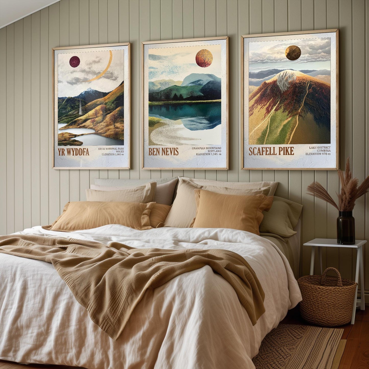 Peaks of Great Britain Set of Three Art Prints - Yr Wyddfa, Ben Nevis and Scafell Pike Posters - 3 Mountain Paintings - Layers of Foil Gift
