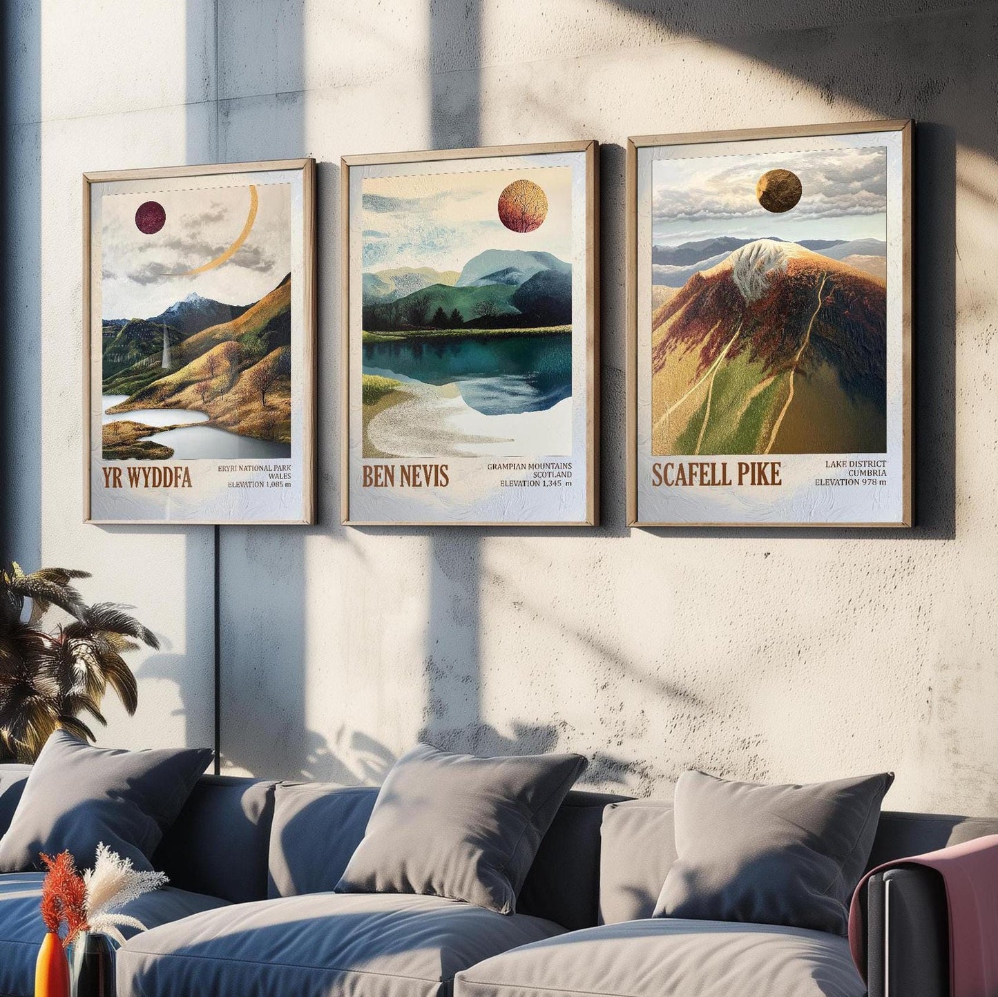 Peaks of Great Britain Set of Three Art Prints - Yr Wyddfa, Ben Nevis and Scafell Pike Posters - 3 Mountain Paintings - Layers of Foil Gift