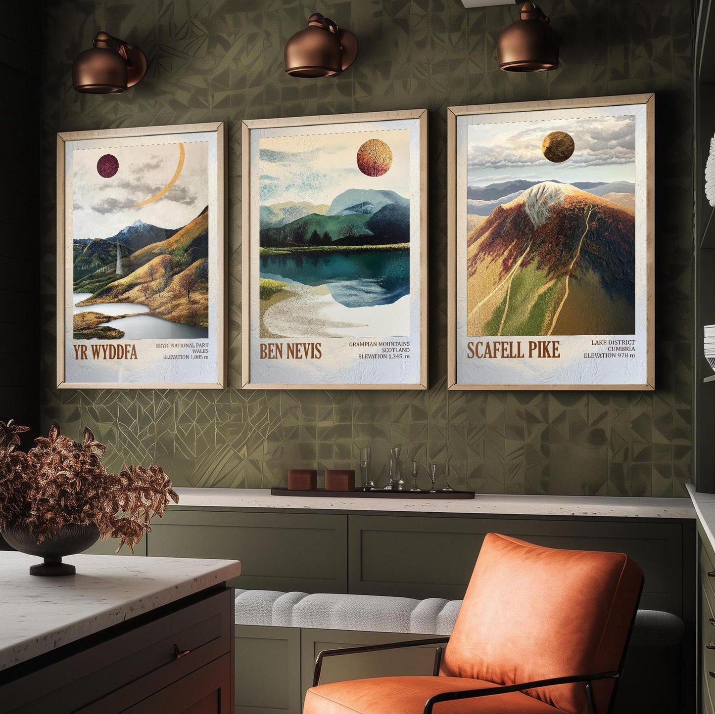 Peaks of Great Britain Set of Three Art Prints - Yr Wyddfa, Ben Nevis and Scafell Pike Posters - 3 Mountain Paintings - Layers of Foil Gift