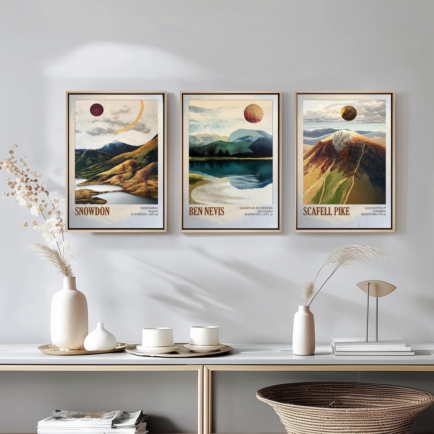 Peaks of Great Britain Set of Three Art Prints - Snowdon, Ben Nevis and Scafell Pike Posters - 3 Mountain Paintings - Layers of Foil Gift