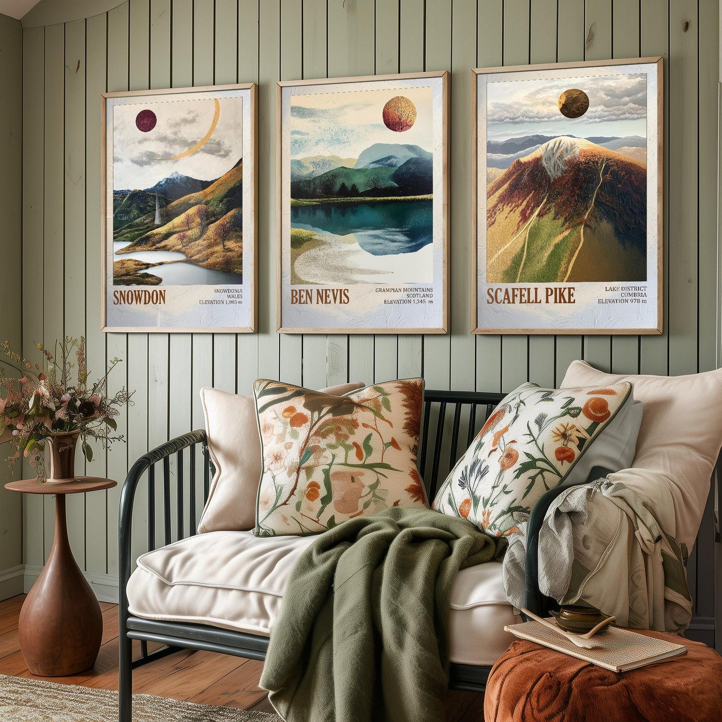 Peaks of Great Britain Set of Three Art Prints - Snowdon, Ben Nevis and Scafell Pike Posters - 3 Mountain Paintings - Layers of Foil Gift