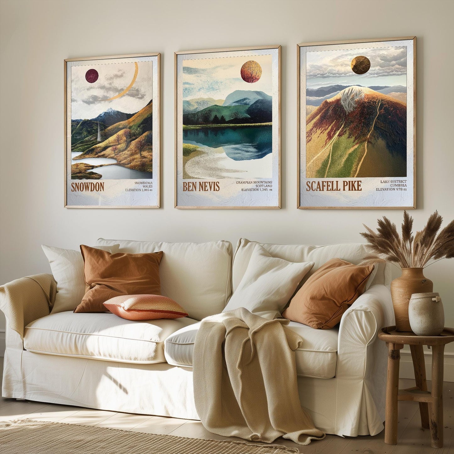 Peaks of Great Britain Set of Three Art Prints - Snowdon, Ben Nevis and Scafell Pike Posters - 3 Mountain Paintings - Layers of Foil Gift