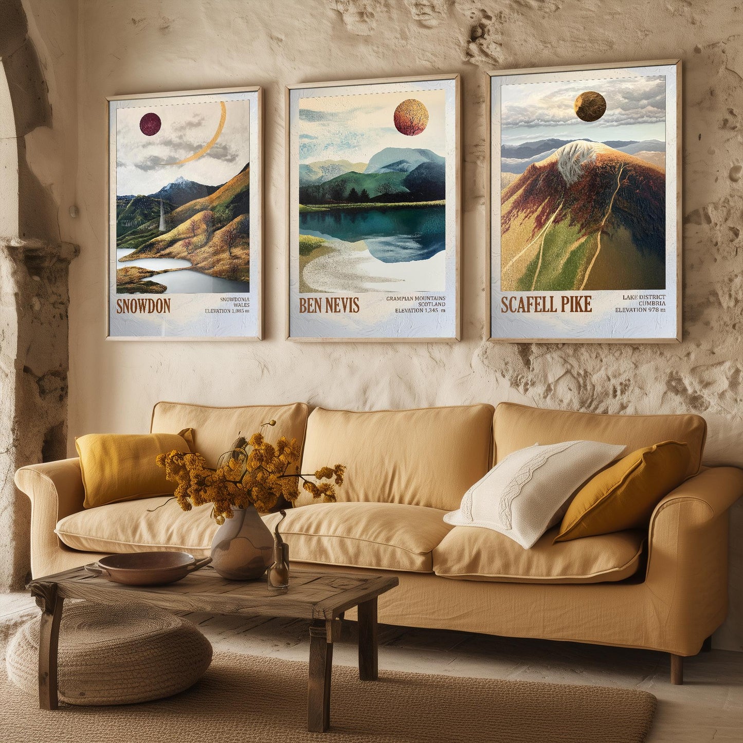 Peaks of Great Britain Set of Three Art Prints - Snowdon, Ben Nevis and Scafell Pike Posters - 3 Mountain Paintings - Layers of Foil Gift