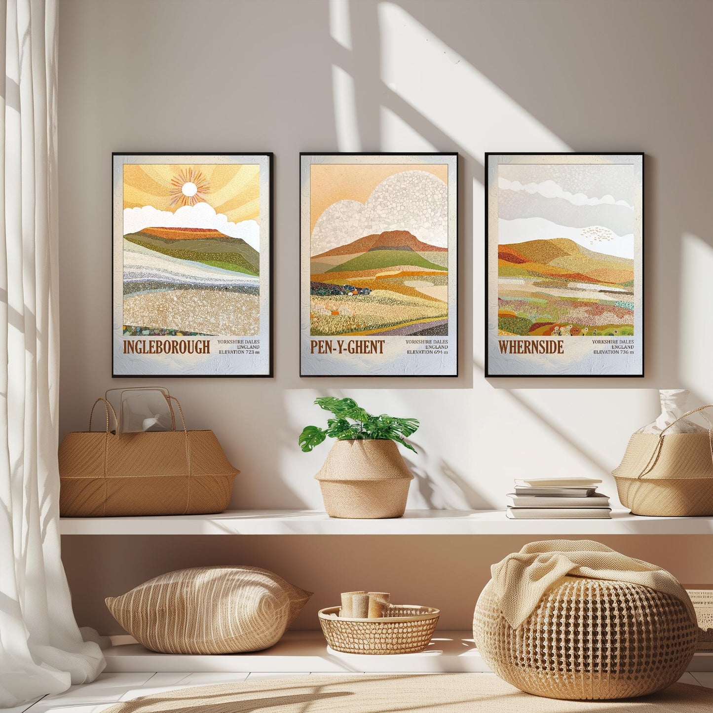 The Yorkshire Three Peaks Challenge - Set of Three Art Print Posters - Ingleborough, Pen-y-Ghent and Whernside - 3 Layers of Foil V1