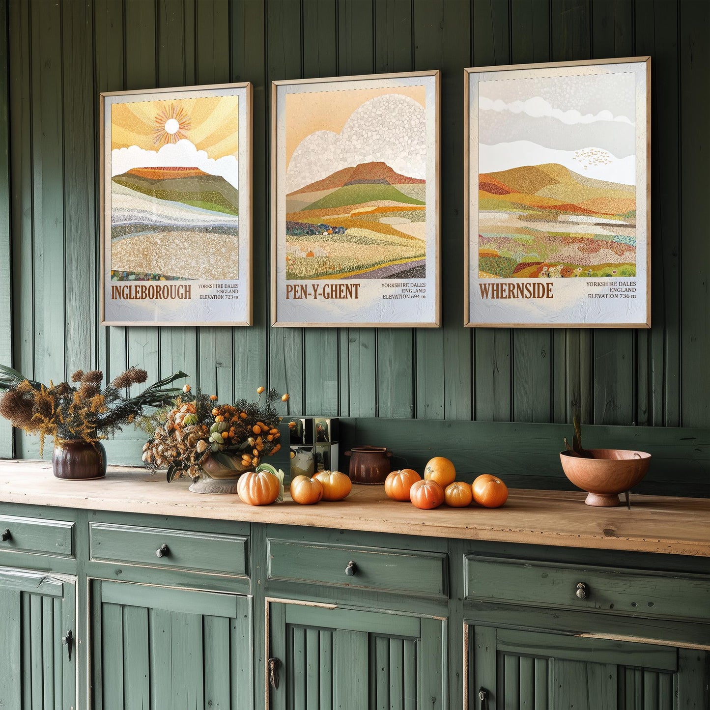 The Yorkshire Three Peaks Challenge - Set of Three Art Print Posters - Ingleborough, Pen-y-Ghent and Whernside - 3 Layers of Foil V1
