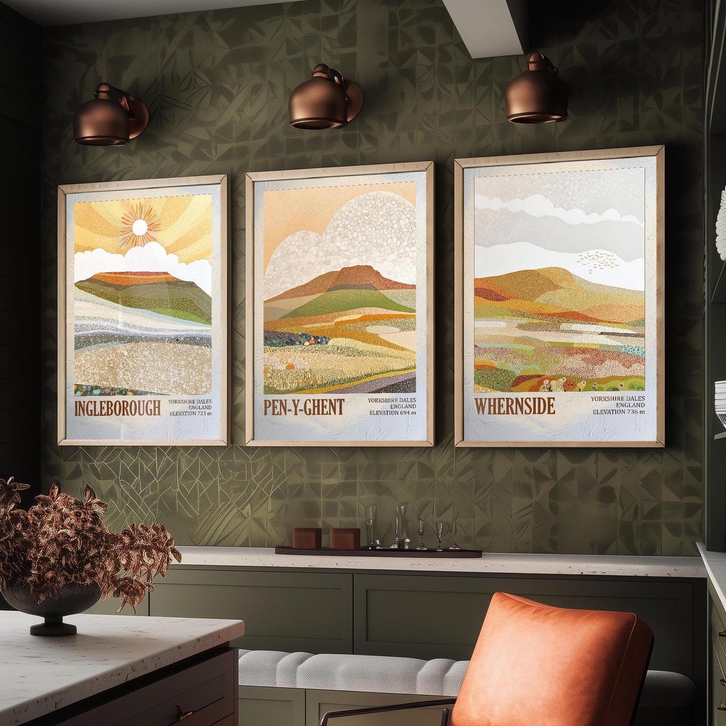 The Yorkshire Three Peaks Challenge - Set of Three Art Print Posters - Ingleborough, Pen-y-Ghent and Whernside - 3 Layers of Foil V1