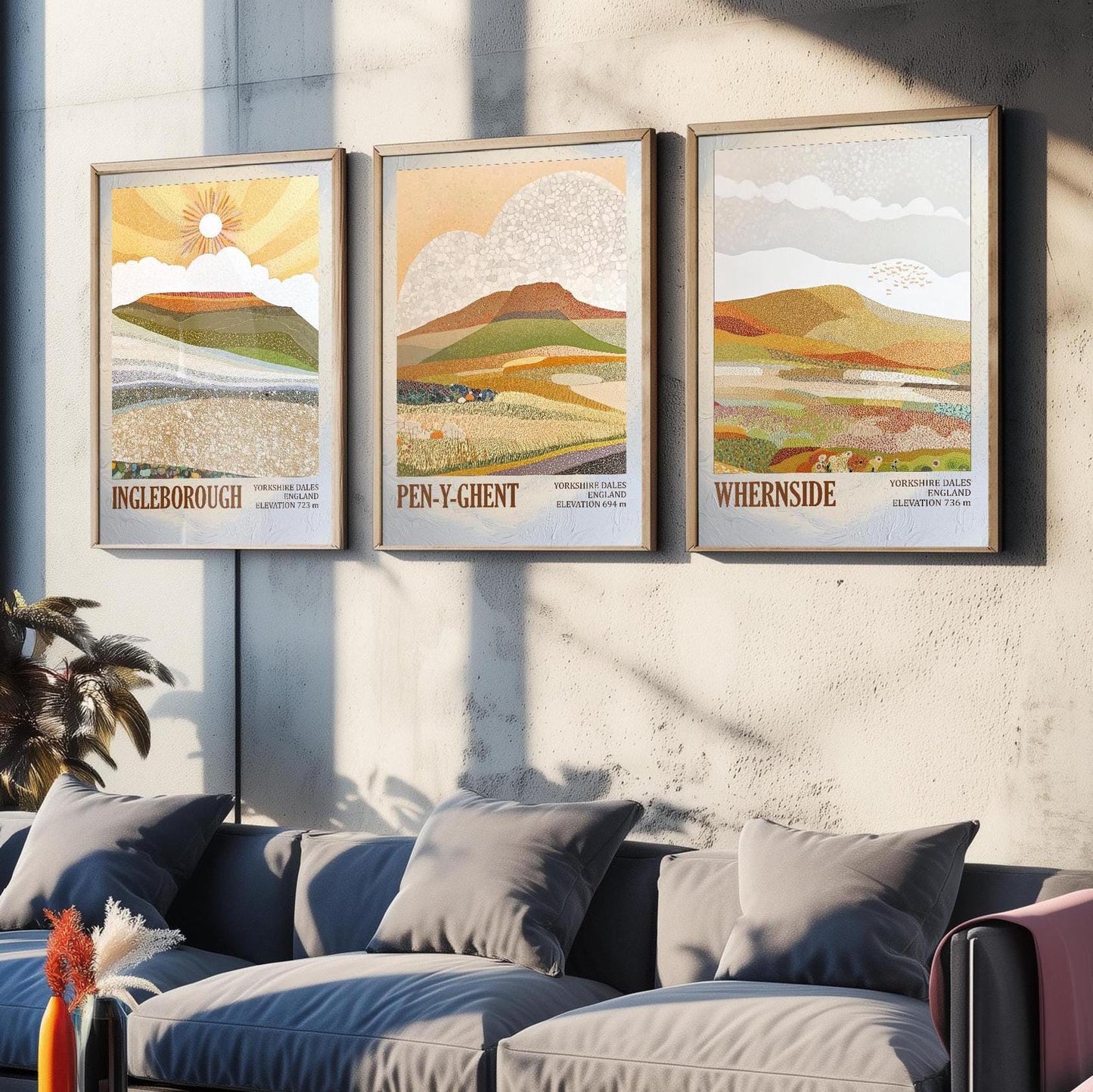 The Yorkshire Three Peaks Challenge - Set of Three Art Print Posters - Ingleborough, Pen-y-Ghent and Whernside - 3 Layers of Foil V1
