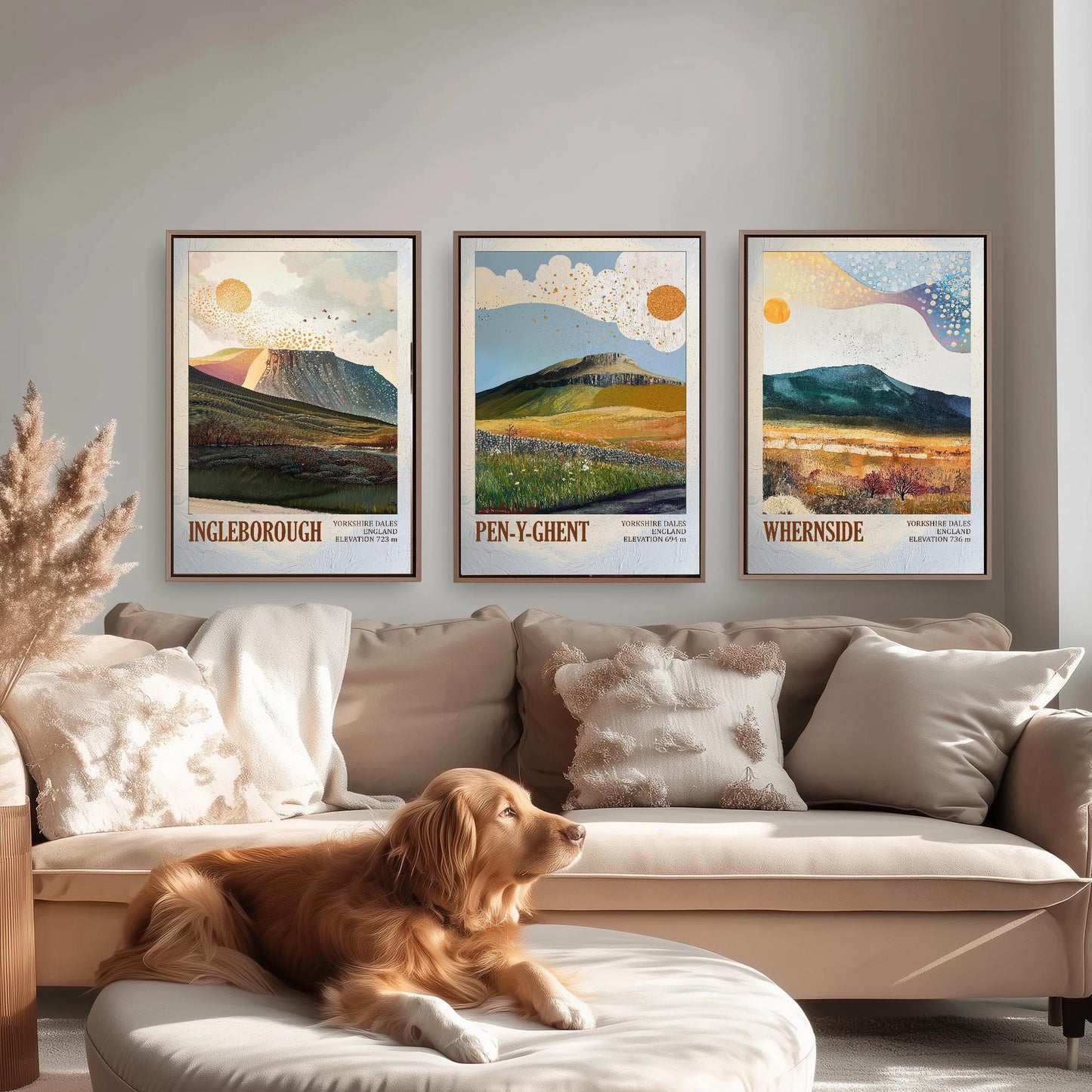 The Yorkshire Three Peaks Challenge - Set of Three Art Print Posters - Ingleborough, Pen-y-Ghent and Whernside - 3 Layers of Foil V2