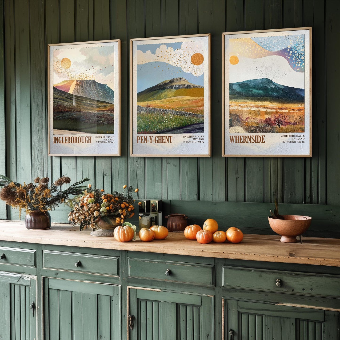 The Yorkshire Three Peaks Challenge - Set of Three Art Print Posters - Ingleborough, Pen-y-Ghent and Whernside - 3 Layers of Foil V2