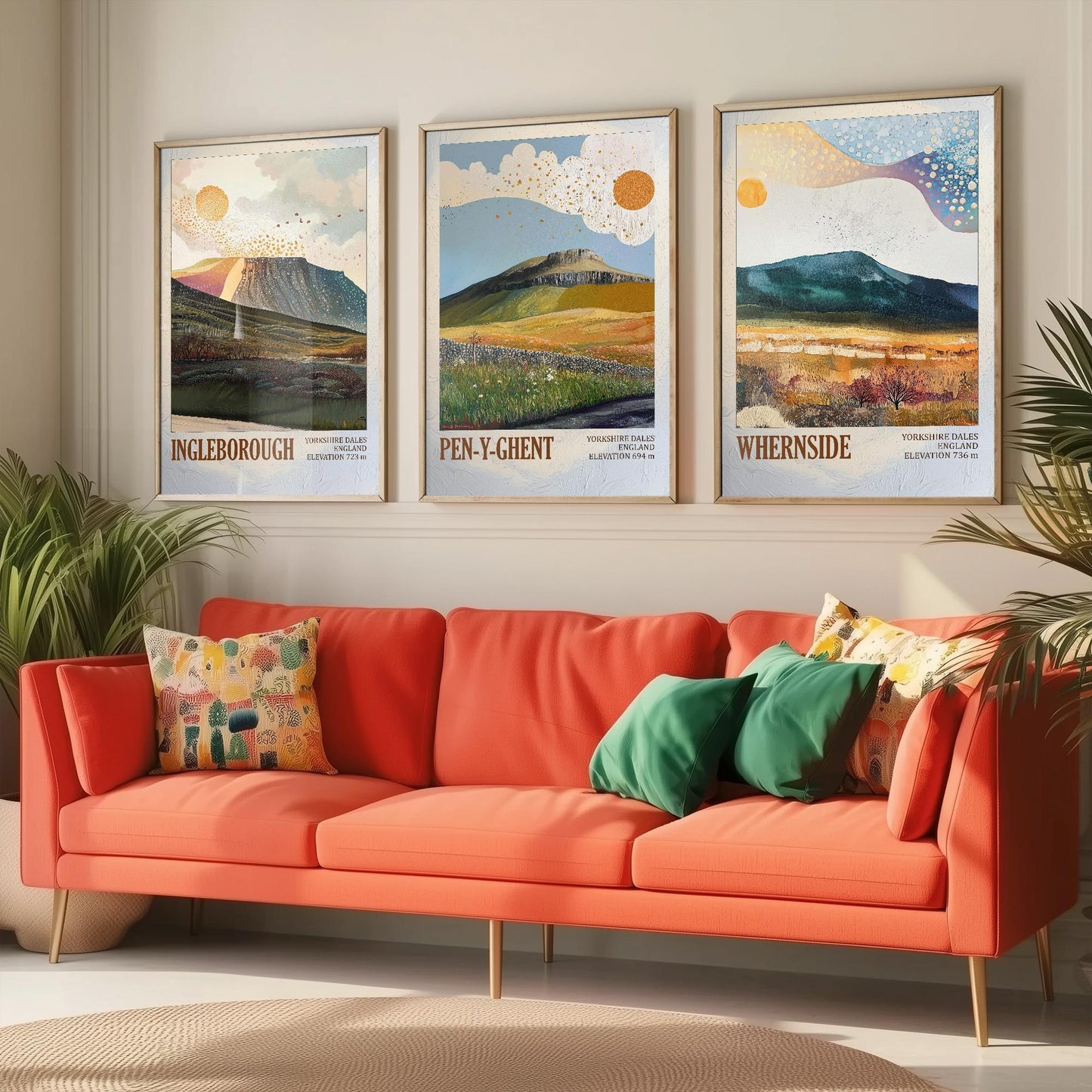 The Yorkshire Three Peaks Challenge - Set of Three Art Print Posters - Ingleborough, Pen-y-Ghent and Whernside - 3 Layers of Foil V2