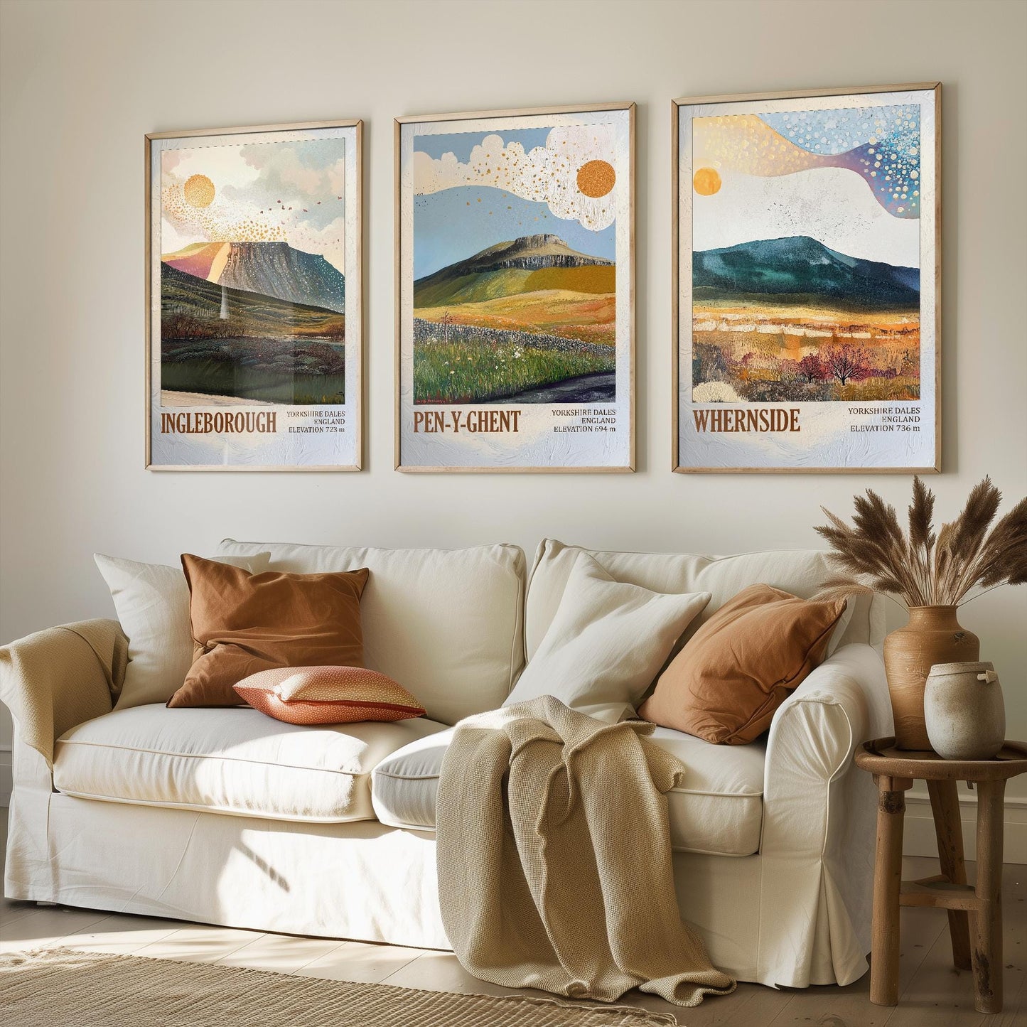 The Yorkshire Three Peaks Challenge - Set of Three Art Print Posters - Ingleborough, Pen-y-Ghent and Whernside - 3 Layers of Foil V2