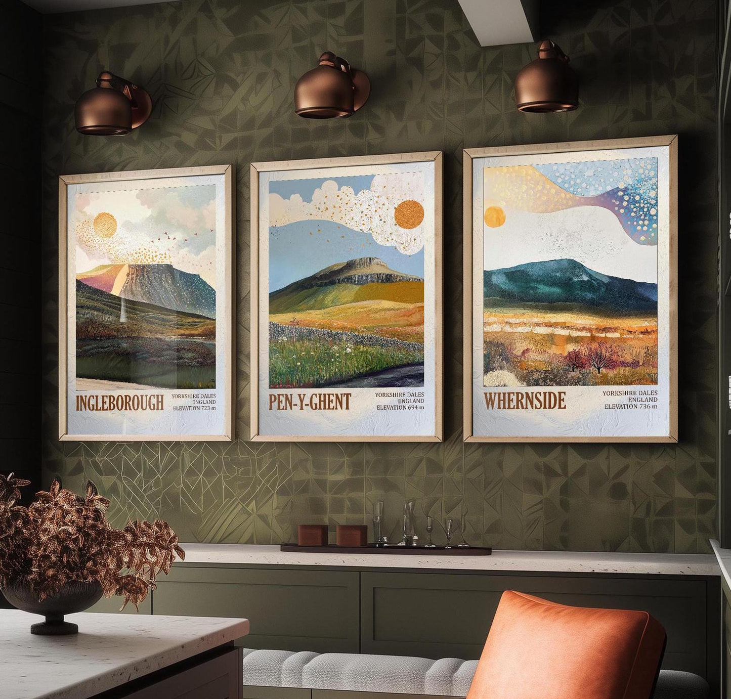 The Yorkshire Three Peaks Challenge - Set of Three Art Print Posters - Ingleborough, Pen-y-Ghent and Whernside - 3 Layers of Foil V2