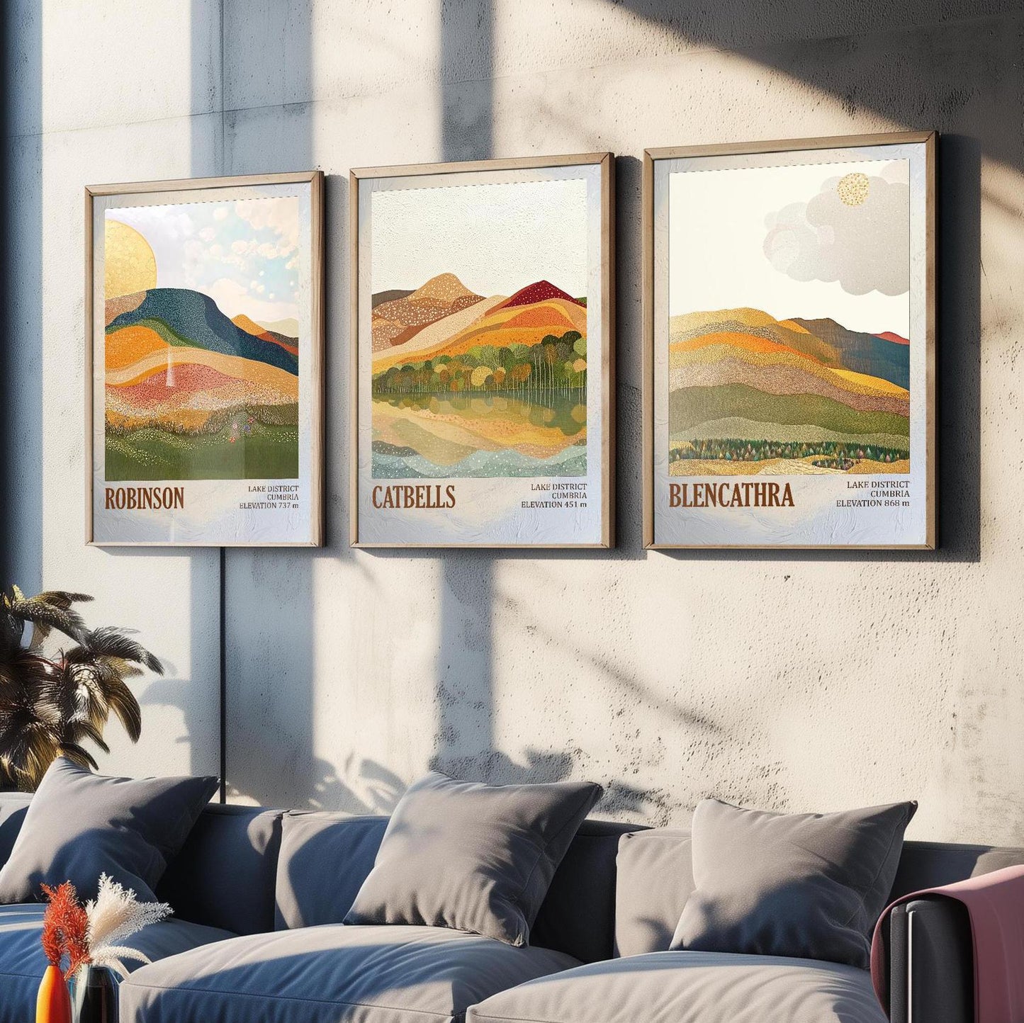 The Lake District Mountains - Set of Three Art Print Posters - Robinson, Catbells, Blencathra - 3 Painting Photo Layers of Foil V1