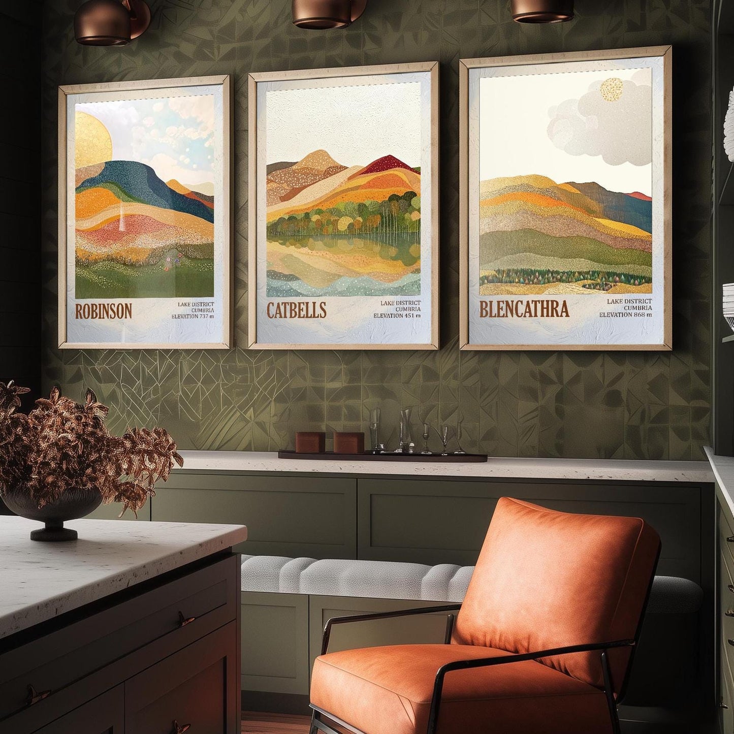 The Lake District Mountains - Set of Three Art Print Posters - Robinson, Catbells, Blencathra - 3 Painting Photo Layers of Foil V1