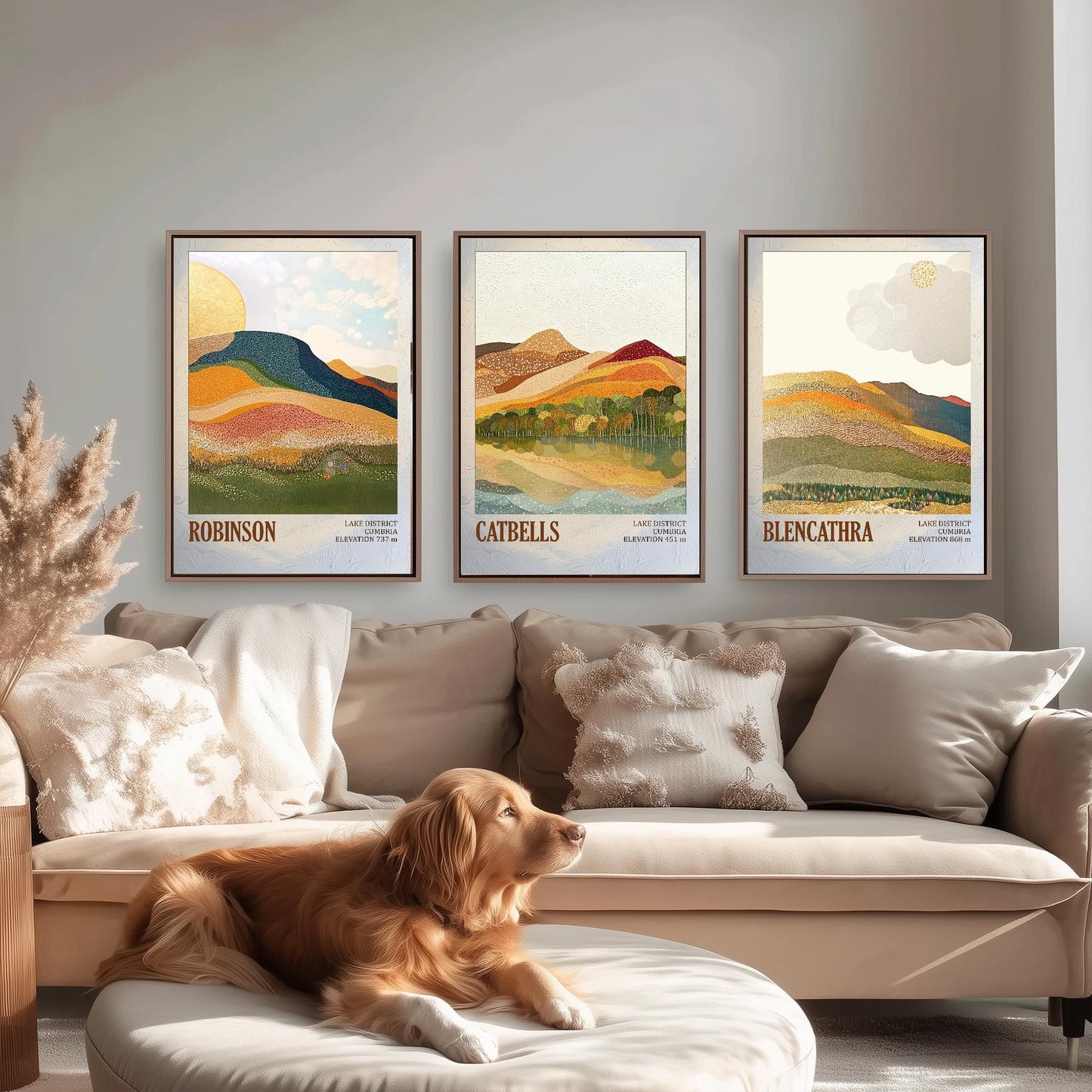 The Lake District Mountains - Set of Three Art Print Posters - Robinson, Catbells, Blencathra - 3 Painting Photo Layers of Foil V1