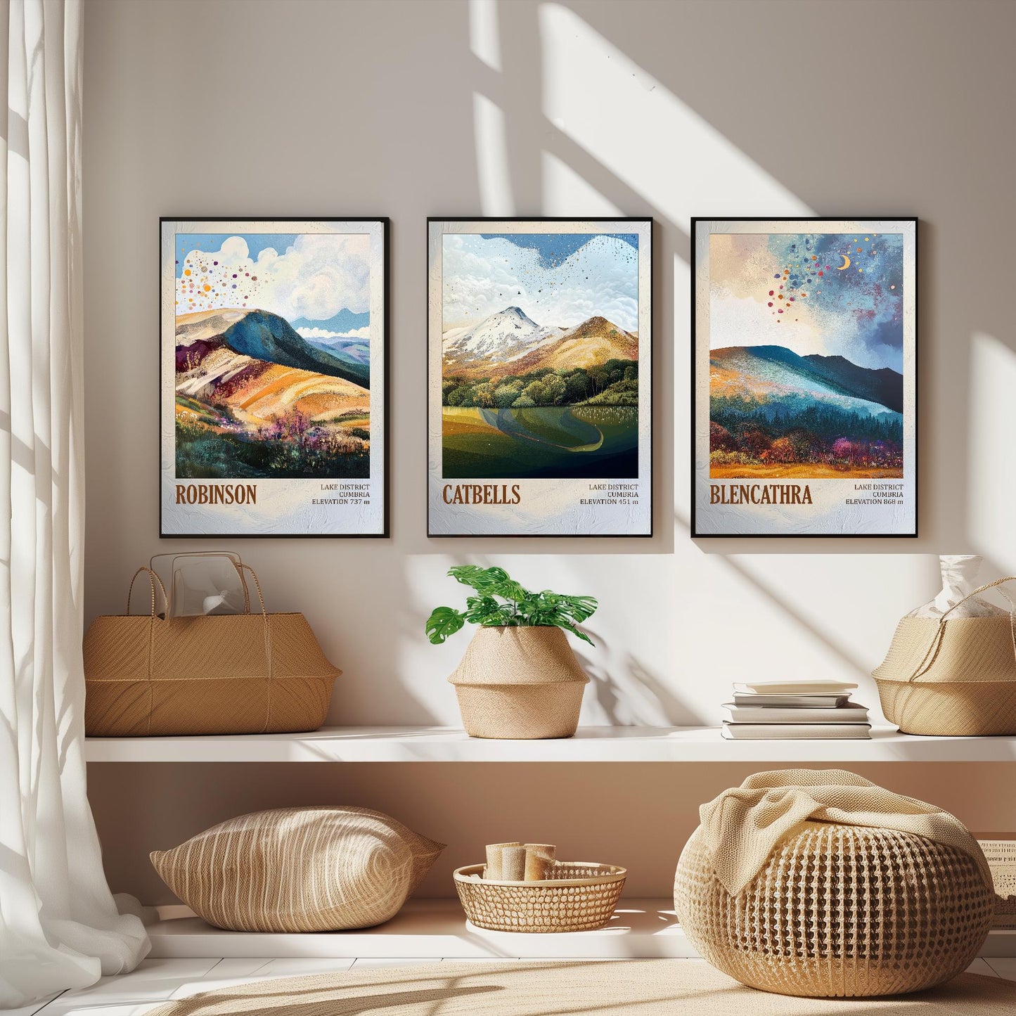 The Lake District Mountains - Set of Three Art Print Posters - Robinson, Catbells, Blencathra - 3 Painting Photo Layers of Foil V2