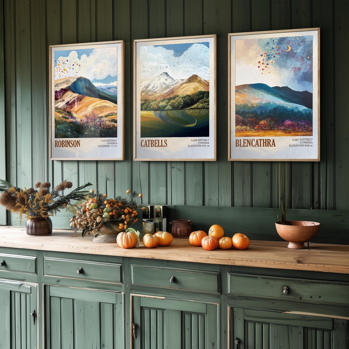 The Lake District Mountains - Set of Three Art Print Posters - Robinson, Catbells, Blencathra - 3 Painting Photo Layers of Foil V2