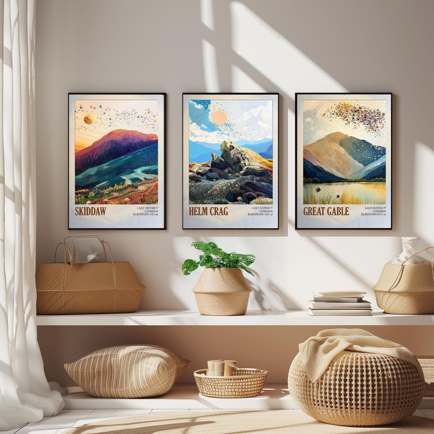 The Lake District Mountains - Set of Three Art Print Posters - Skiddaw, Helm Crag, Great Gable - 3 Painting Photo Layers of Foil V2