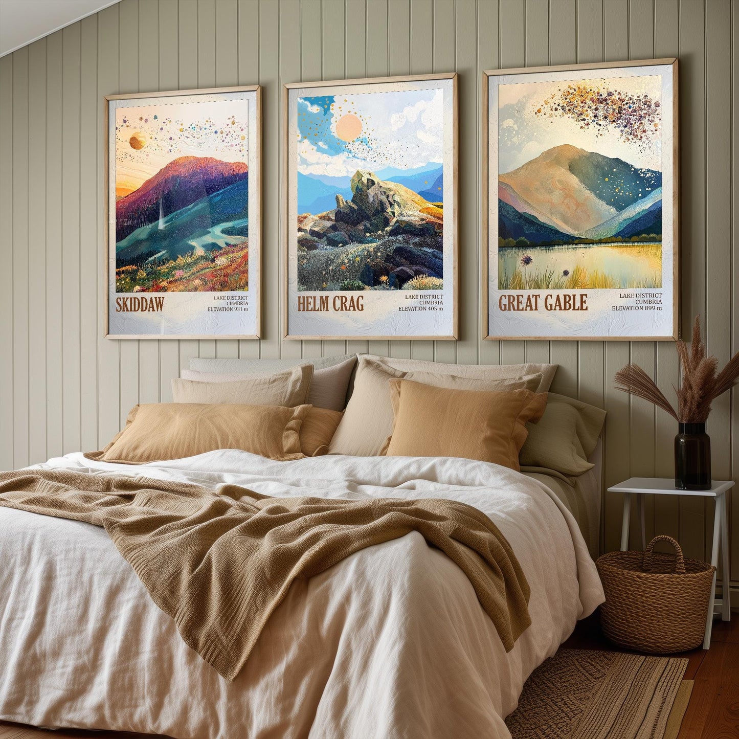 The Lake District Mountains - Set of Three Art Print Posters - Skiddaw, Helm Crag, Great Gable - 3 Painting Photo Layers of Foil V2