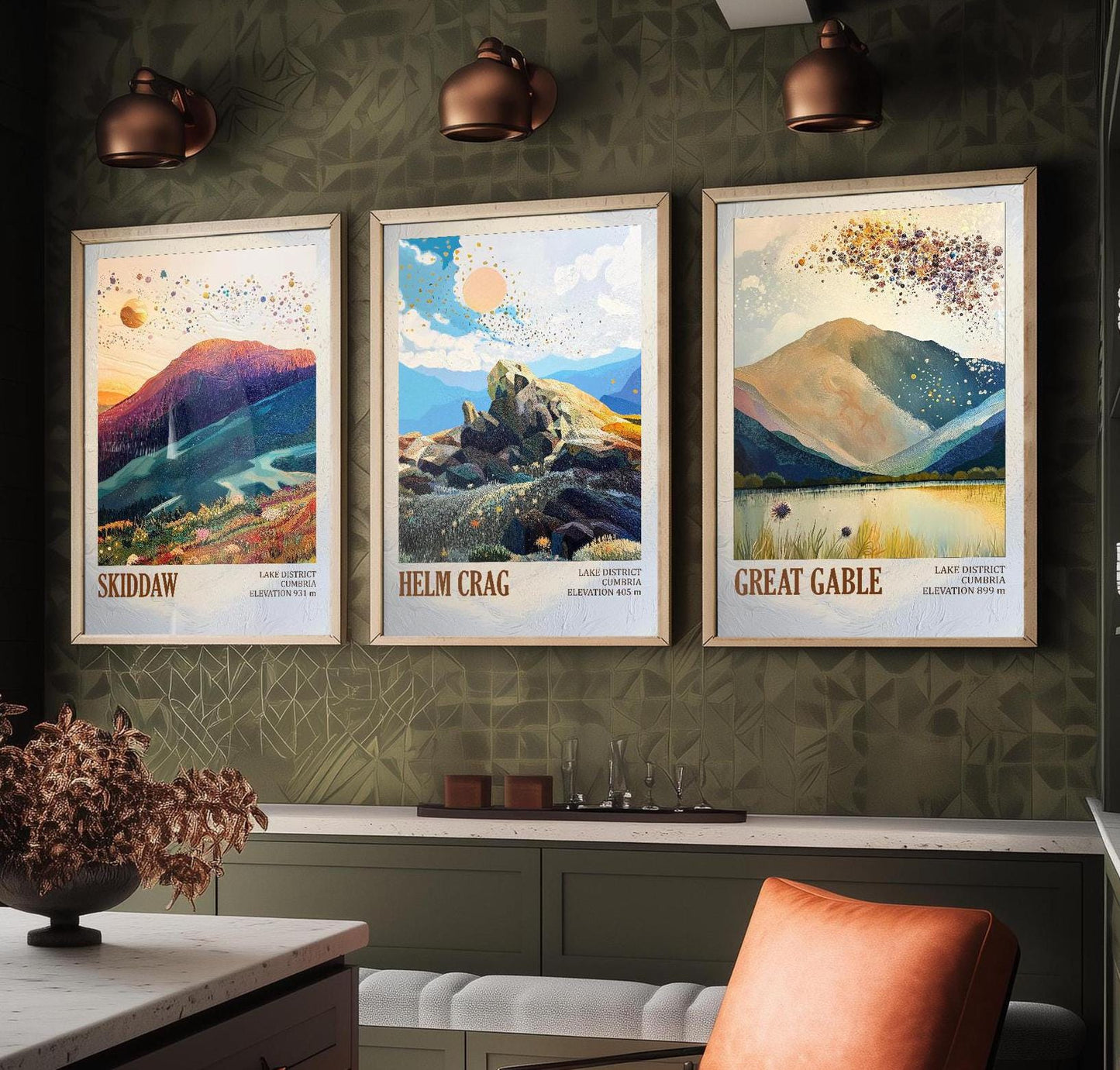 The Lake District Mountains - Set of Three Art Print Posters - Skiddaw, Helm Crag, Great Gable - 3 Painting Photo Layers of Foil V2