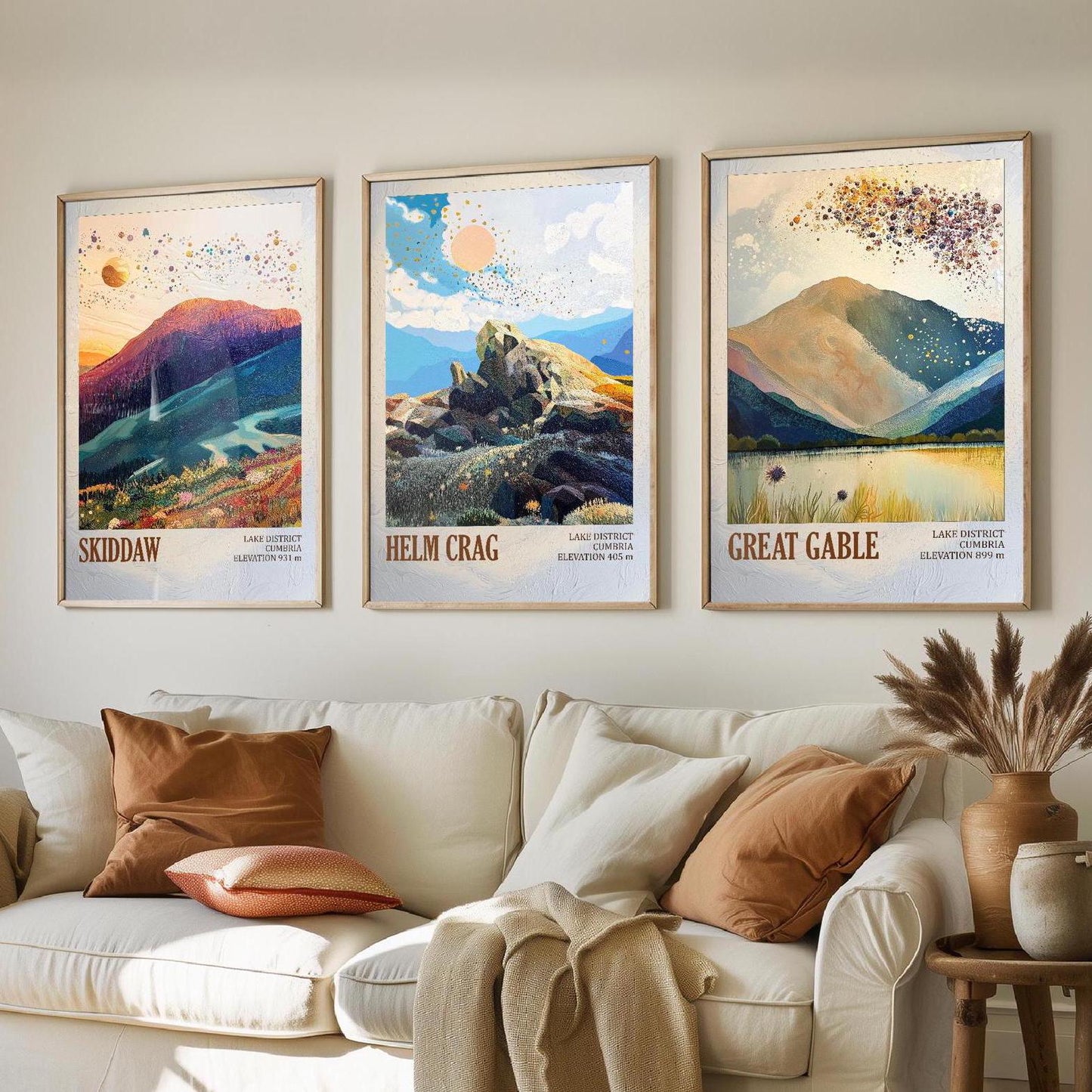The Lake District Mountains - Set of Three Art Print Posters - Skiddaw, Helm Crag, Great Gable - 3 Painting Photo Layers of Foil V2