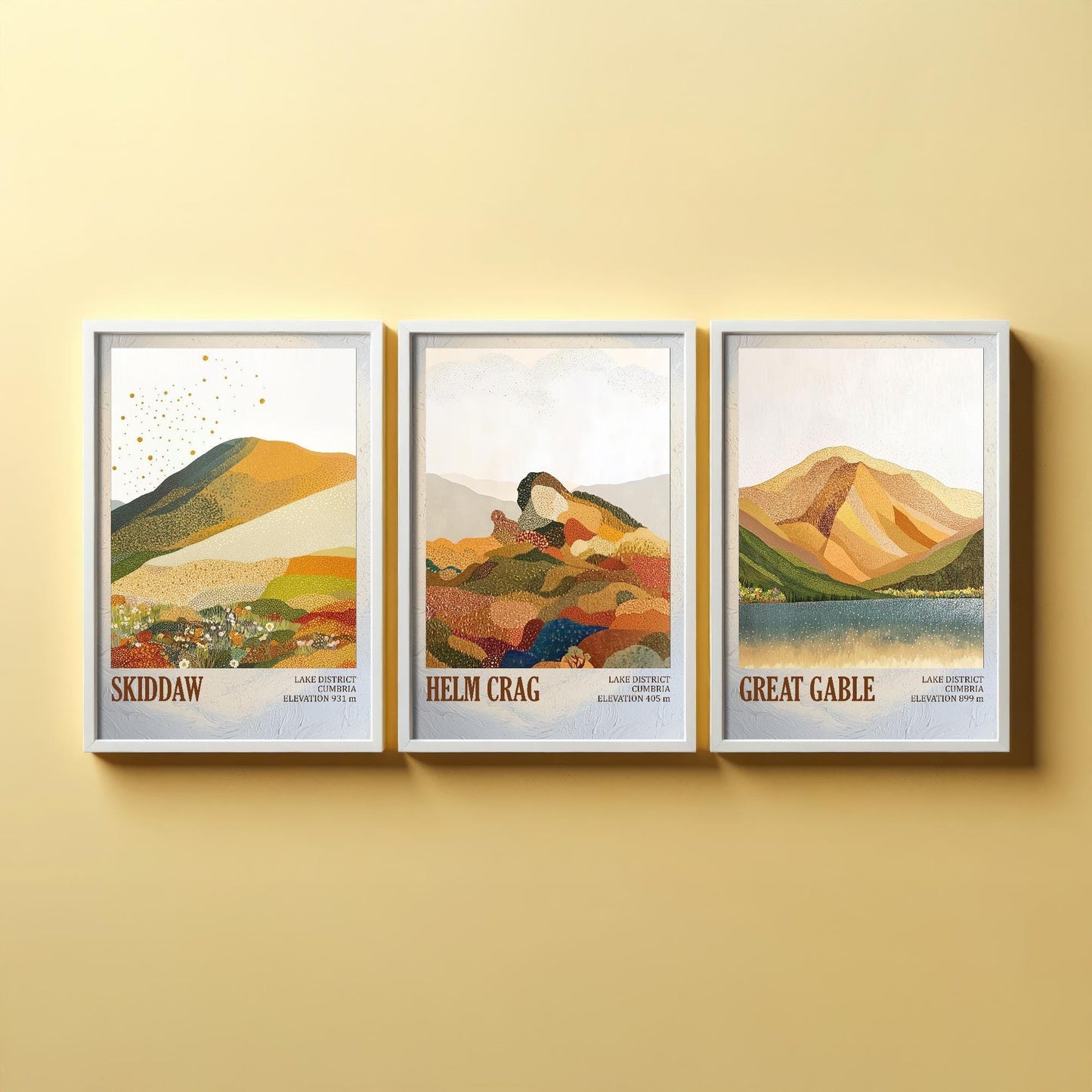 The Lake District Mountains - Set of Three Art Print Posters - Skiddaw, Helm Crag, Great Gable - 3 Painting Photo Layers of Foil V1