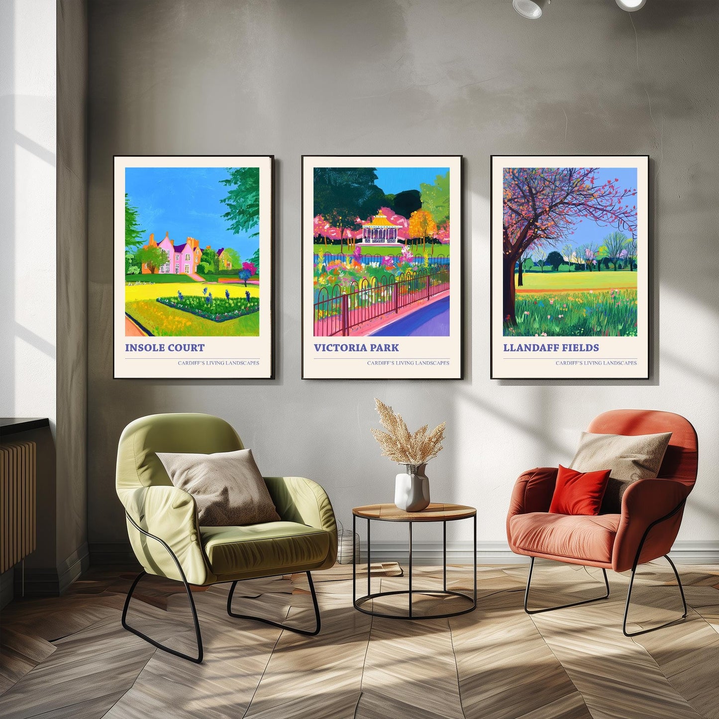 Cardiff's Living Landscapes - Set of Three Art Prints - Insole Court, Victoria Park, Llandaff Fields Posters - 3 Photo Painting Gift Wales