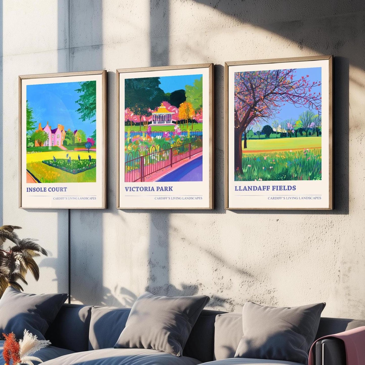 Cardiff's Living Landscapes - Set of Three Art Prints - Insole Court, Victoria Park, Llandaff Fields Posters - 3 Photo Painting Gift Wales