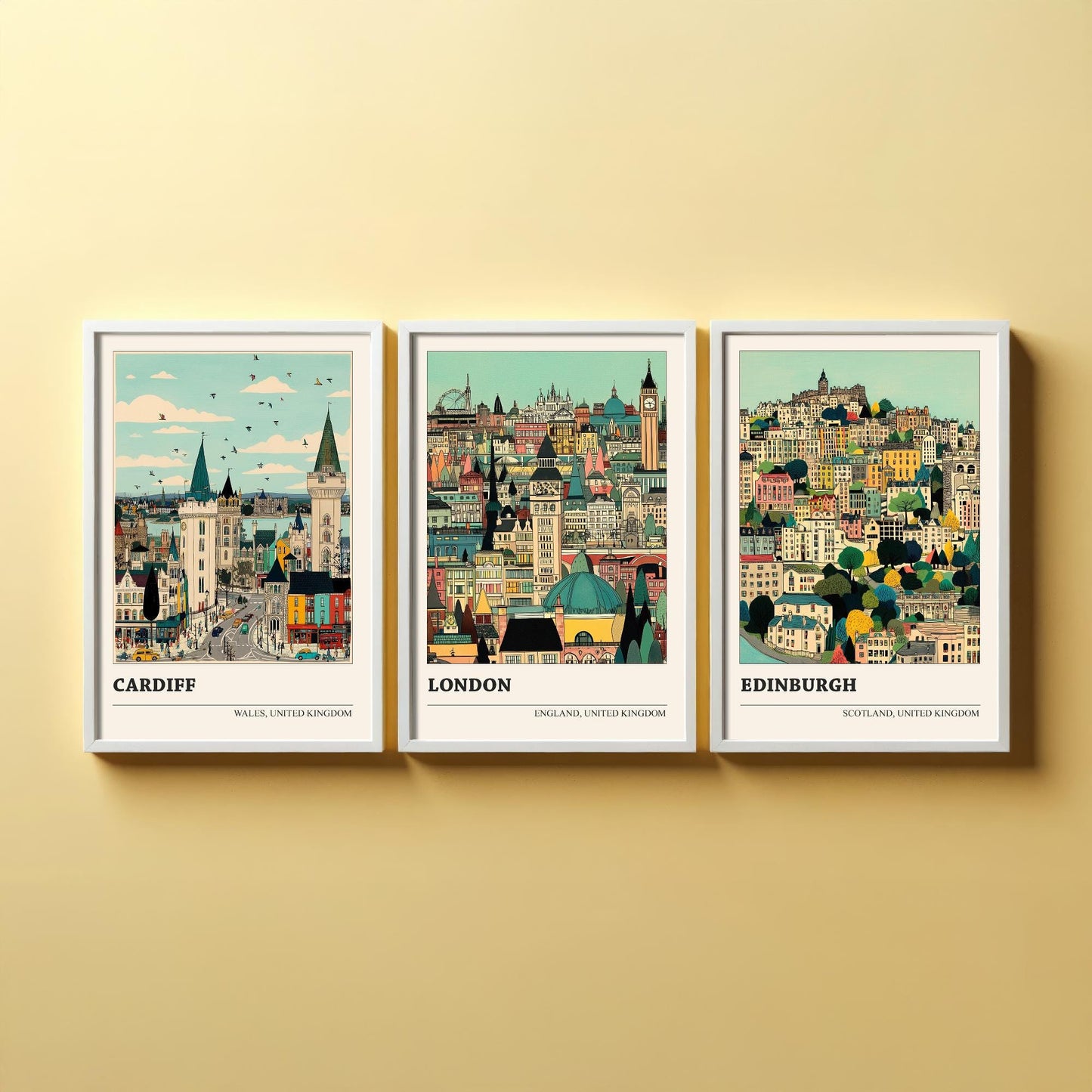 Cardiff, London and Edinburgh Set of Three UK Travel Posters - Capital Cities Abundance Illustrations - 3 Art Prints Photo Painting Gift