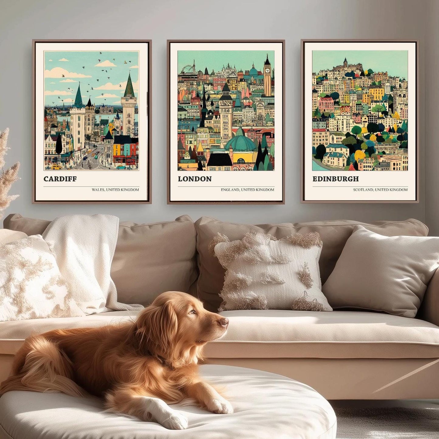Cardiff, London and Edinburgh Set of Three UK Travel Posters - Capital Cities Abundance Illustrations - 3 Art Prints Photo Painting Gift