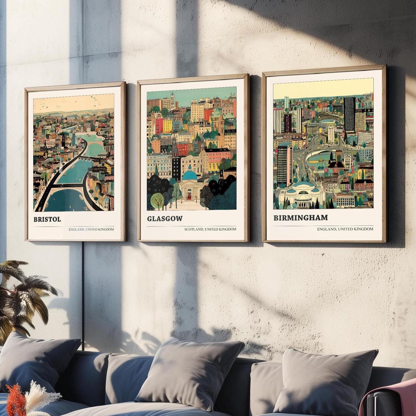 Bristol, Glasgow and Birmingham Set of Three UK Travel Posters - Capital Cities Abundance Illustrations - 3 Art Prints Photo Painting Gift