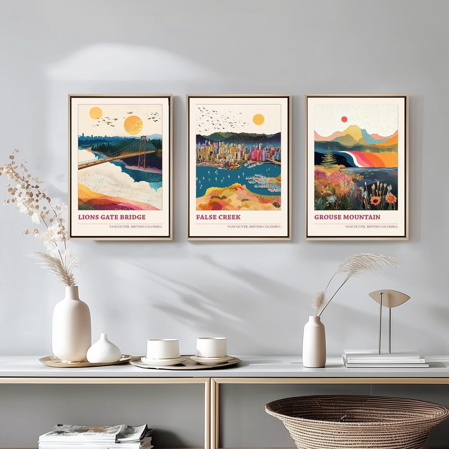 Vancouver Set of Three Travel Posters - Lion's Gate Bridge, False Creek, Grouse Mountain Canada Illustrations - 3 Art Prints Painting Gift