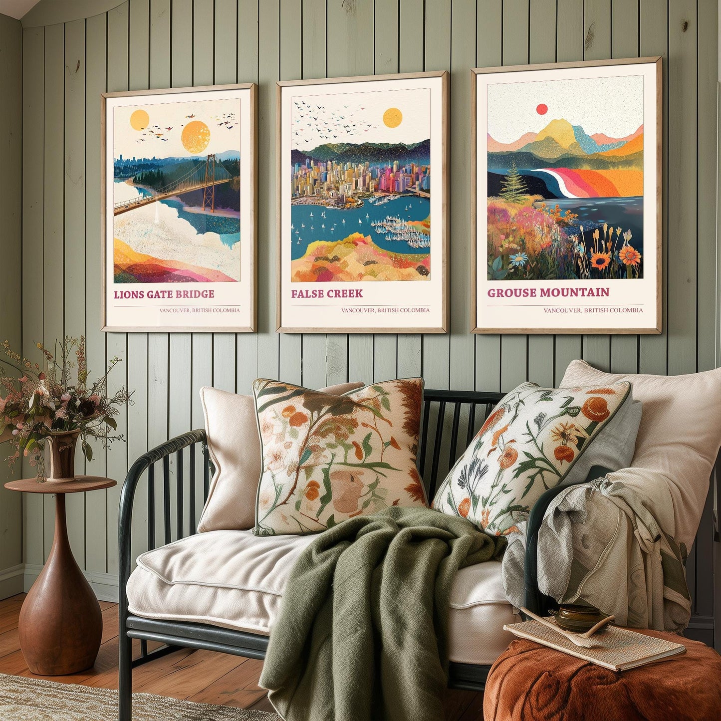 Vancouver Set of Three Travel Posters - Lion's Gate Bridge, False Creek, Grouse Mountain Canada Illustrations - 3 Art Prints Painting Gift