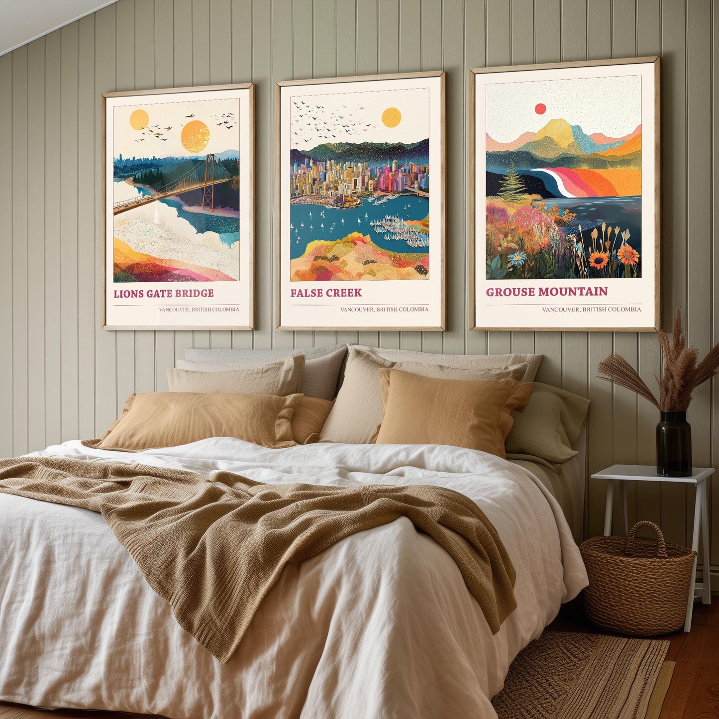 Vancouver Set of Three Travel Posters - Lion's Gate Bridge, False Creek, Grouse Mountain Canada Illustrations - 3 Art Prints Painting Gift