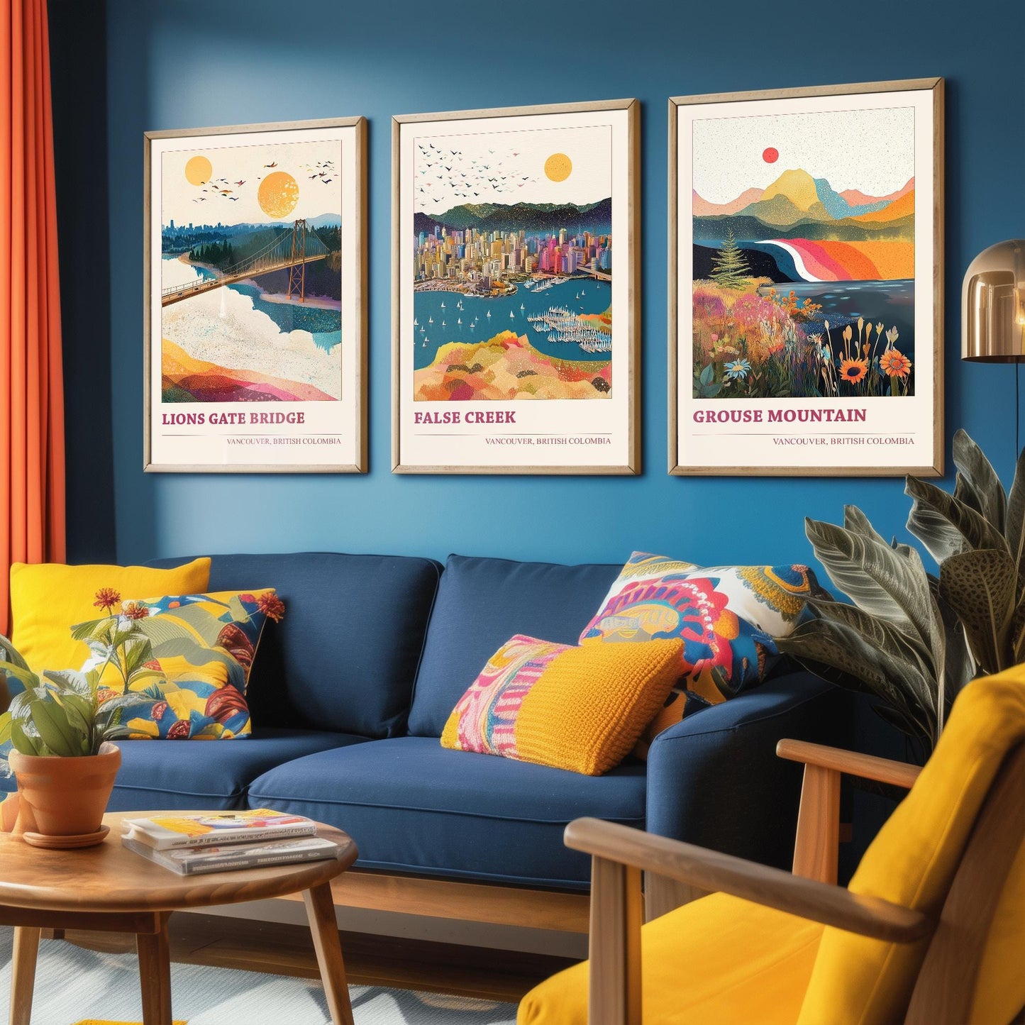 Vancouver Set of Three Travel Posters - Lion's Gate Bridge, False Creek, Grouse Mountain Canada Illustrations - 3 Art Prints Painting Gift