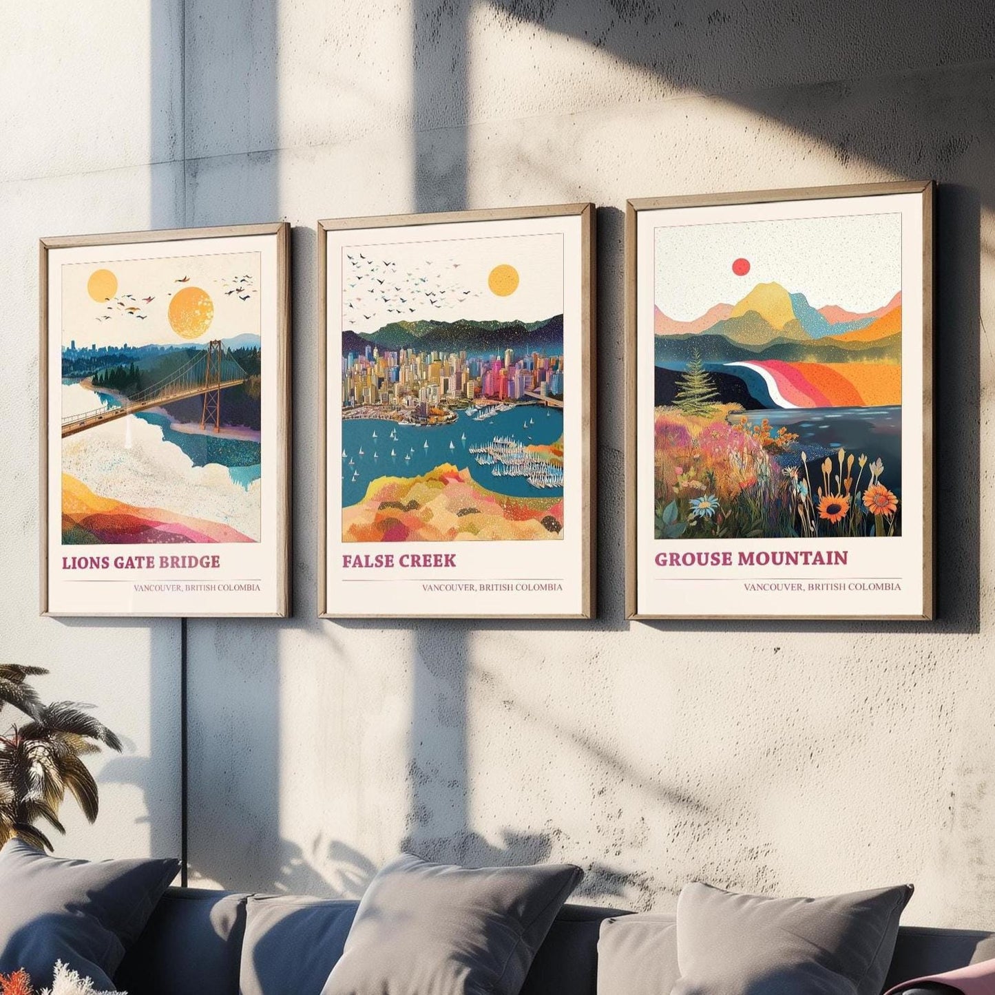 Vancouver Set of Three Travel Posters - Lion's Gate Bridge, False Creek, Grouse Mountain Canada Illustrations - 3 Art Prints Painting Gift