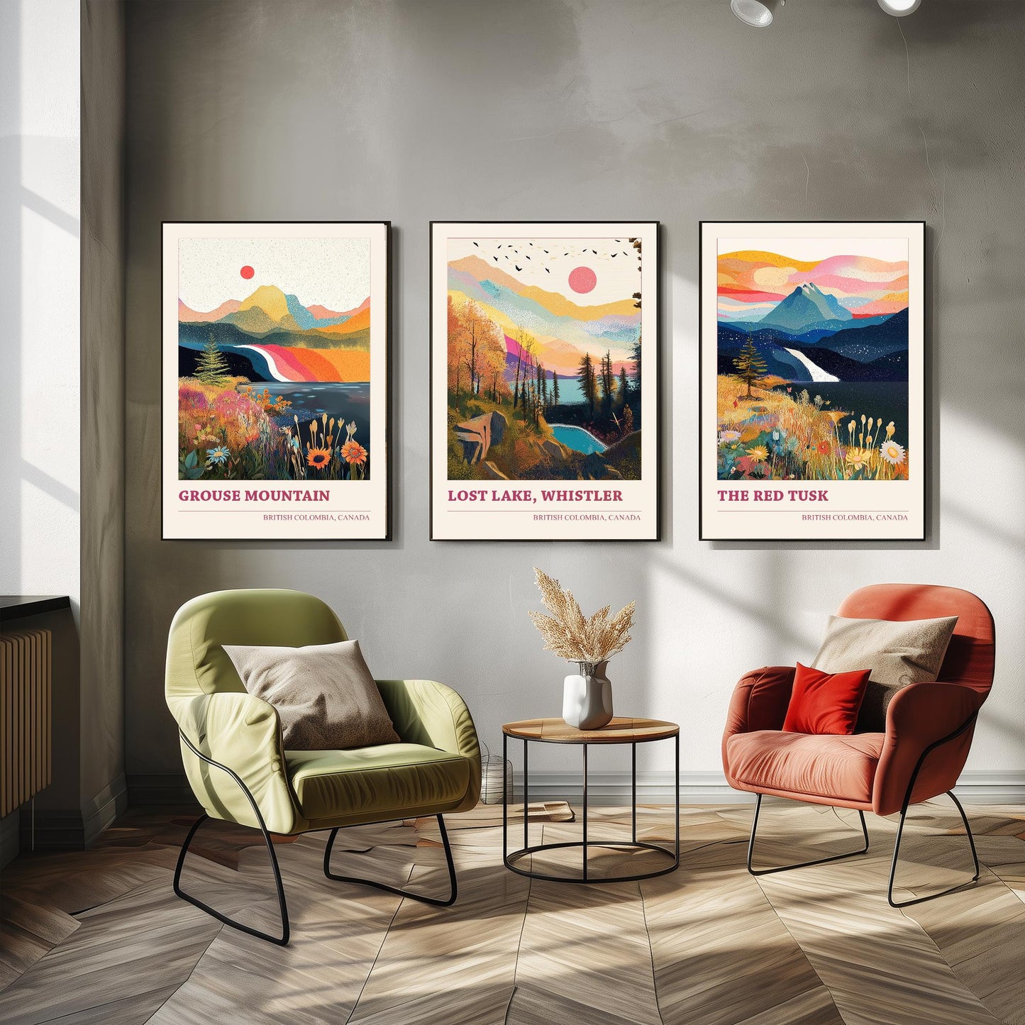 British Colombia Set of Three Travel Posters - Grouse Mountain, Lost Lake, The Red Tusk Vancouver Illustrations - 3 Art Prints Painting Gift