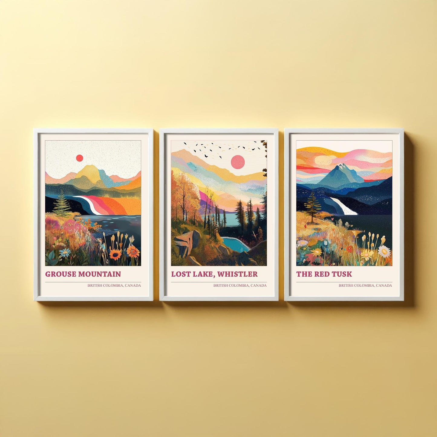 British Colombia Set of Three Travel Posters - Grouse Mountain, Lost Lake, The Red Tusk Vancouver Illustrations - 3 Art Prints Painting Gift