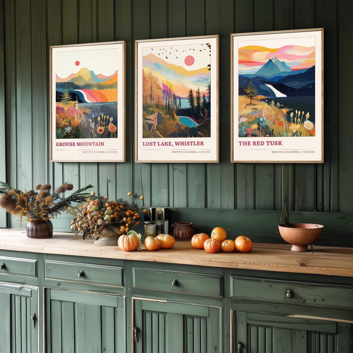 British Colombia Set of Three Travel Posters - Grouse Mountain, Lost Lake, The Red Tusk Vancouver Illustrations - 3 Art Prints Painting Gift