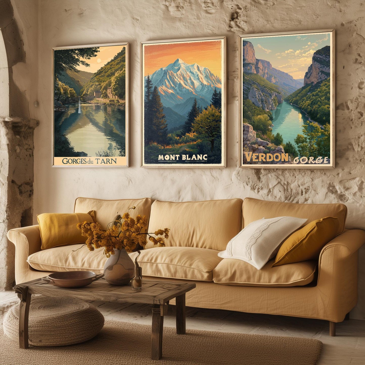 Natural Wonders of France Set of Three Travel Posters - Gorges du Tarn, Mont Blanc, Verdon Gorge Illustrations - 3 Art Prints Painting Gift